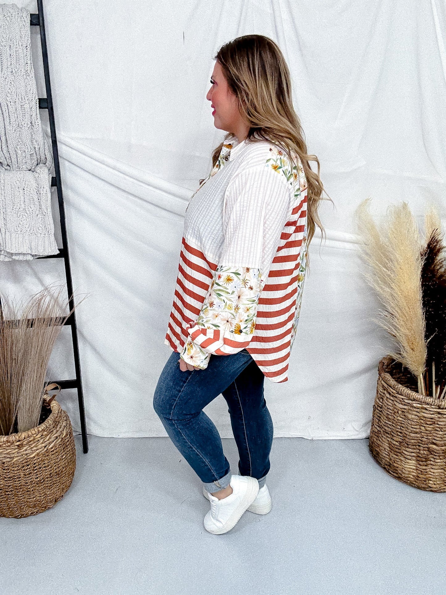 Ivory And Rust Mixed Print Button Down Top - Whiskey Skies - SEW IN LOVE