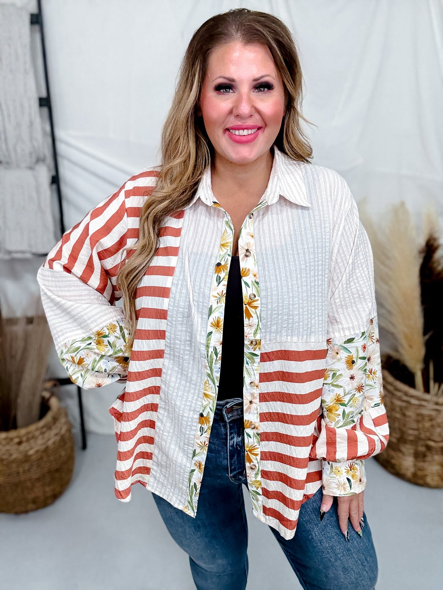 Ivory And Rust Mixed Print Button Down Top - Whiskey Skies - SEW IN LOVE