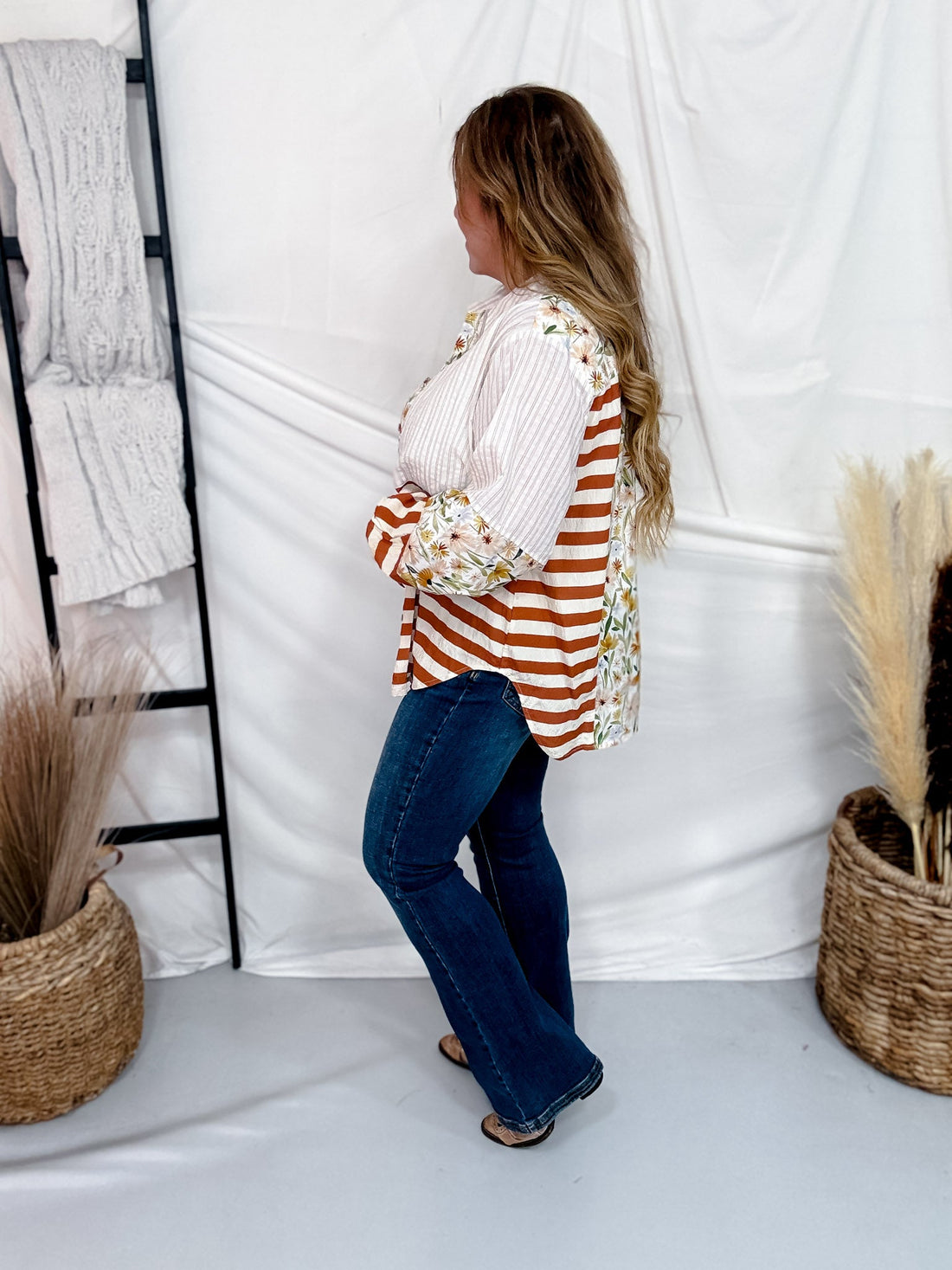 Ivory And Rust Mixed Print Button Down Top - Whiskey Skies - SEW IN LOVE
