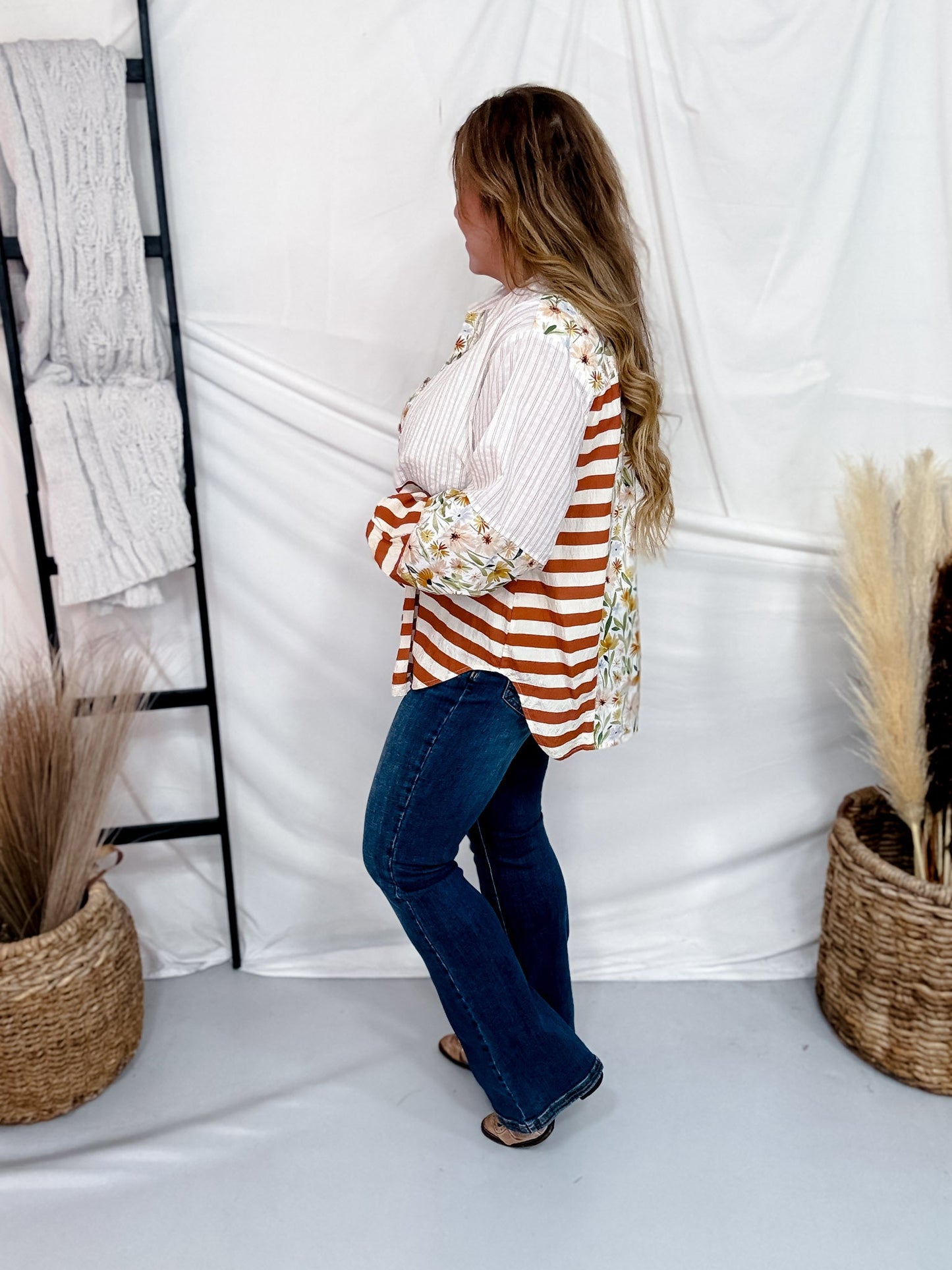 Ivory And Rust Mixed Print Button Down Top - Whiskey Skies - SEW IN LOVE