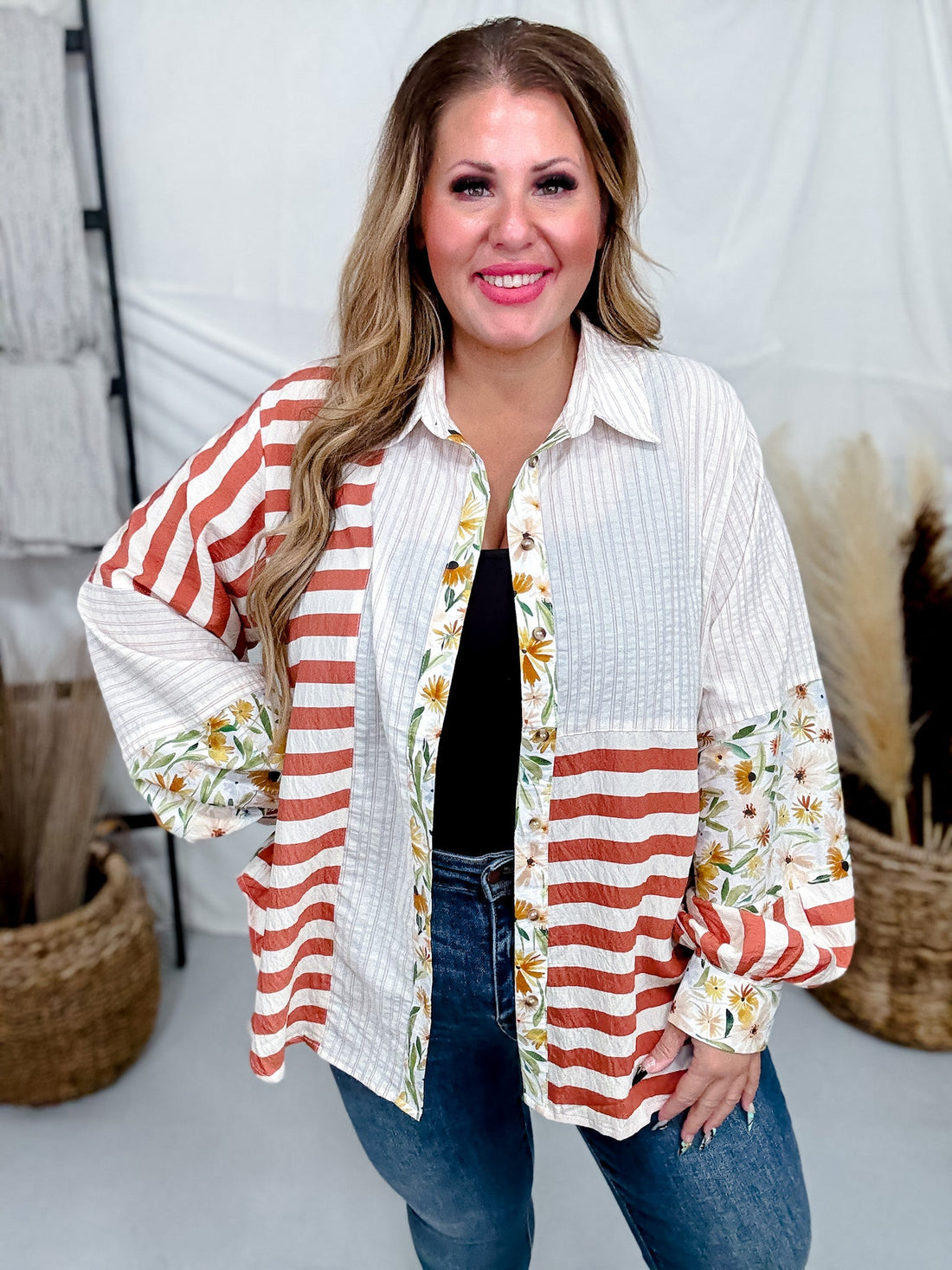 Ivory And Rust Mixed Print Button Down Top - Whiskey Skies - SEW IN LOVE