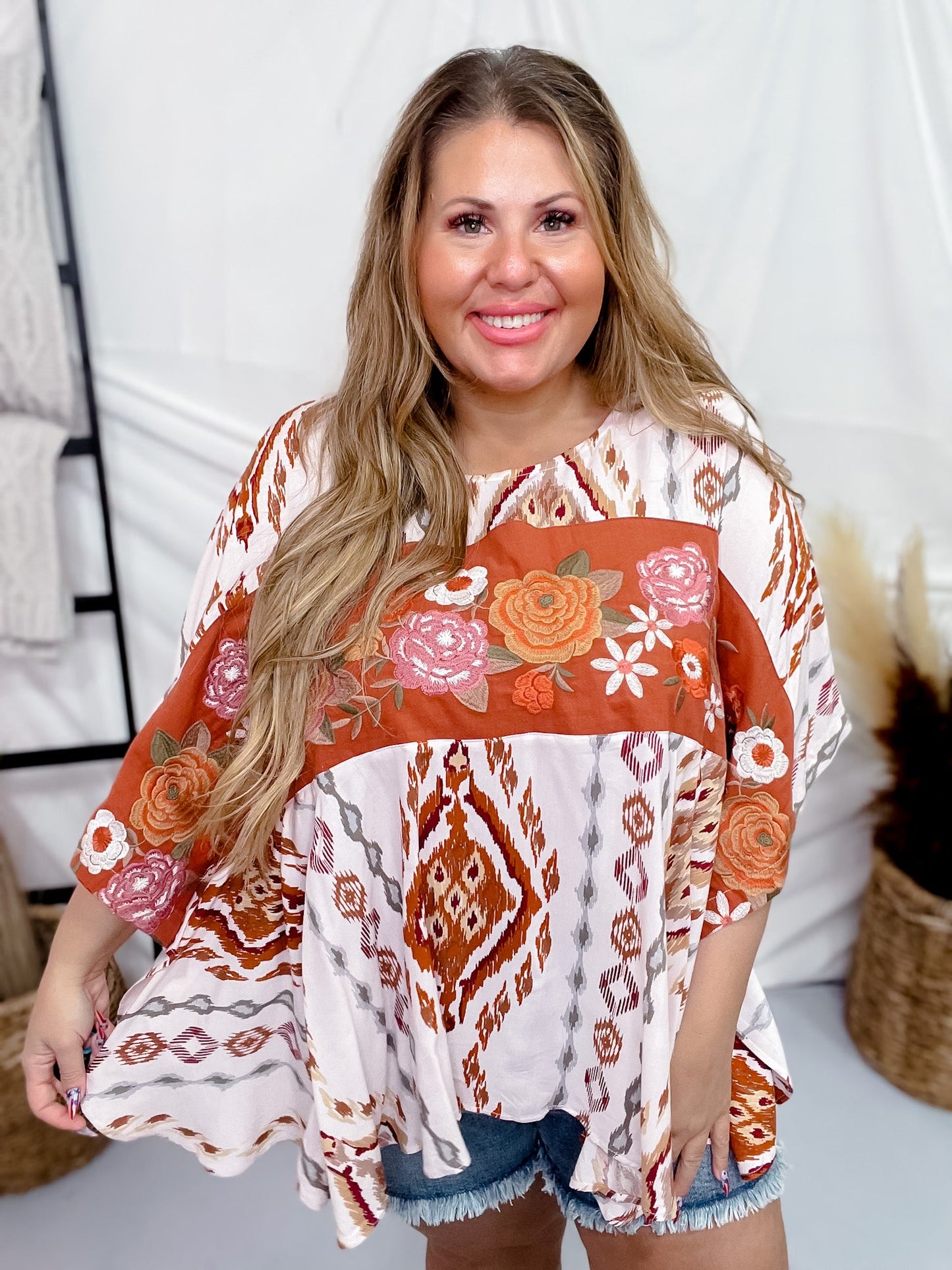 Ivory and Rust Printed Woven Poncho Top with Floral Embroidery - Whiskey Skies - ANDREE BY UNIT