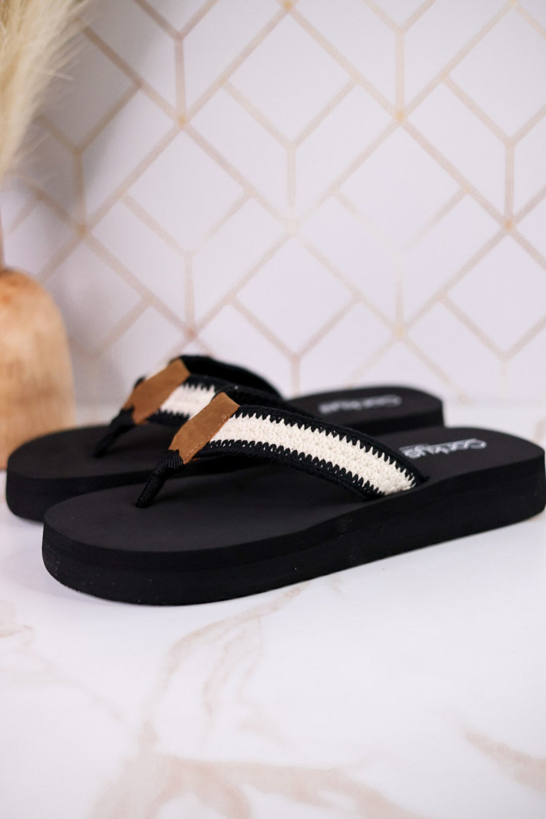 Ivory & Black Woven Strap Flip Flop Sandals - Whiskey Skies - CORKYS FOOTWEAR