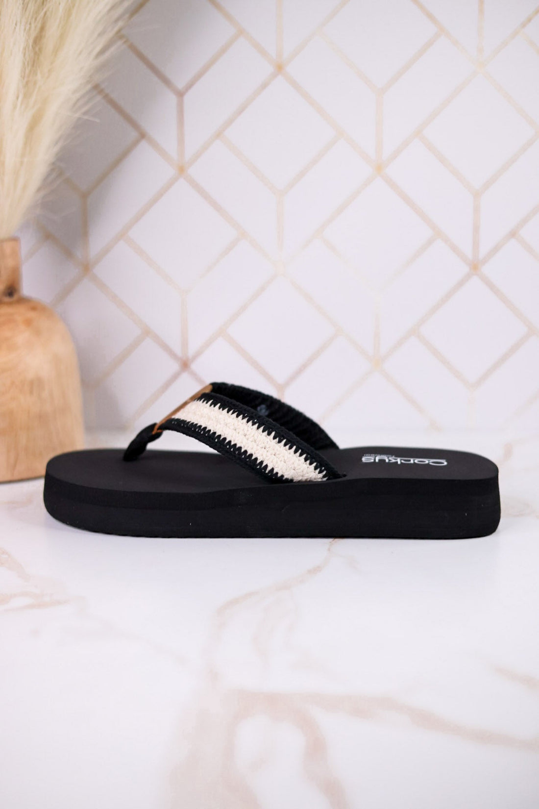 Ivory & Black Woven Strap Flip Flop Sandals - Whiskey Skies - CORKYS FOOTWEAR