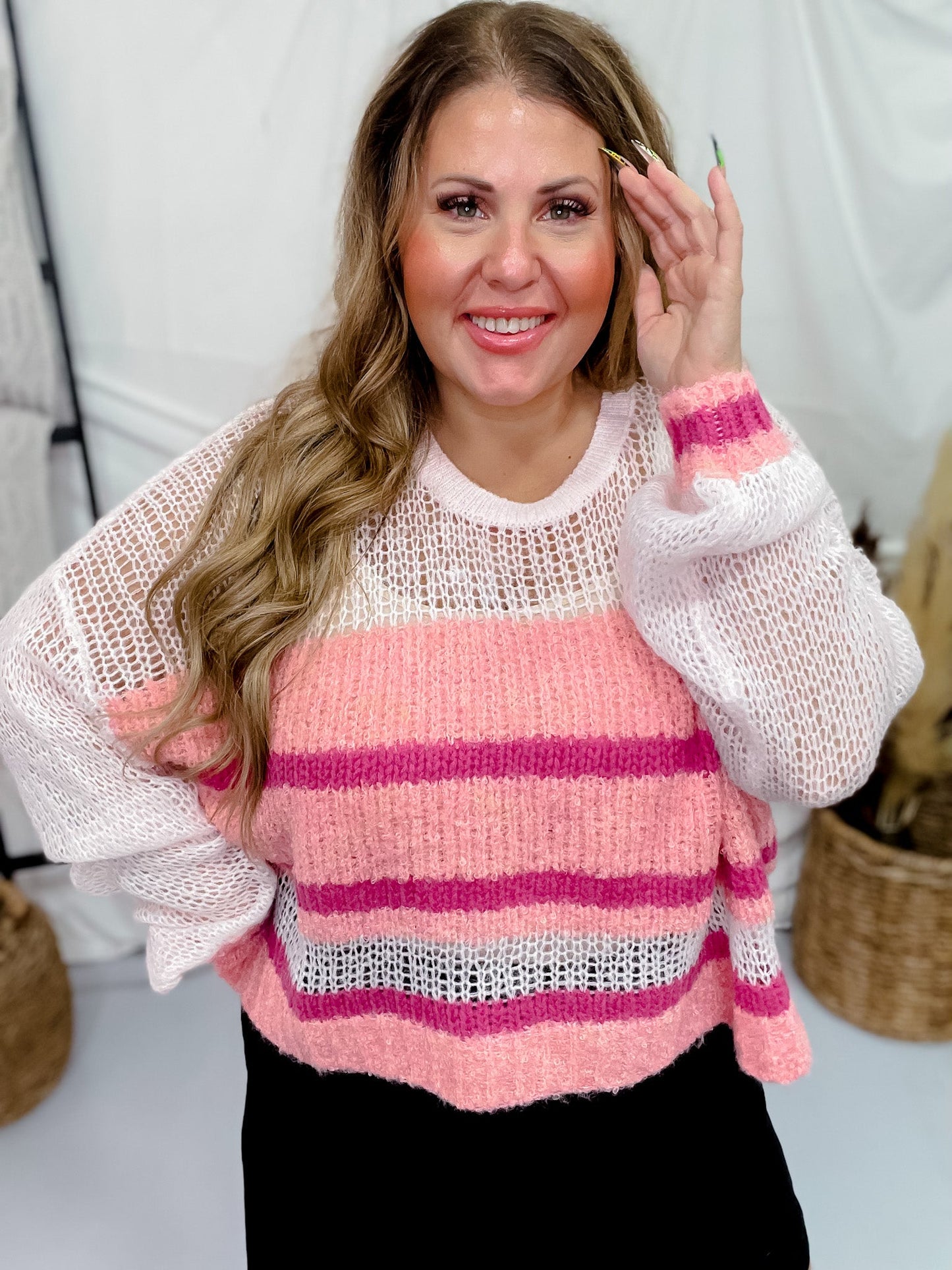 Ivory & Blush Loose Knit Yolk Detail Striped Sweater - Whiskey Skies - BIBI