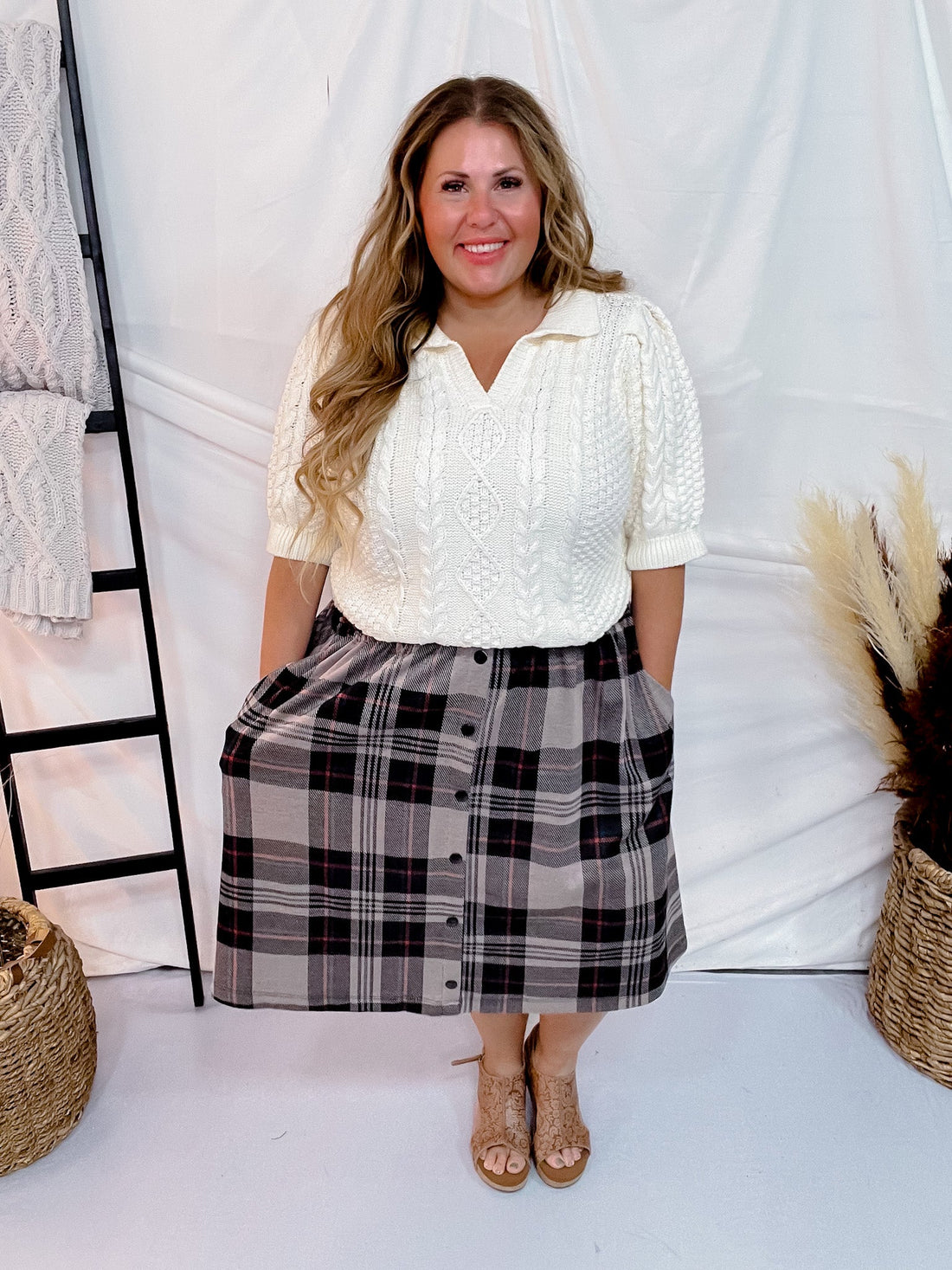 Ivory Cable Knit Balloon Sleeve Top - Whiskey Skies - ODDI