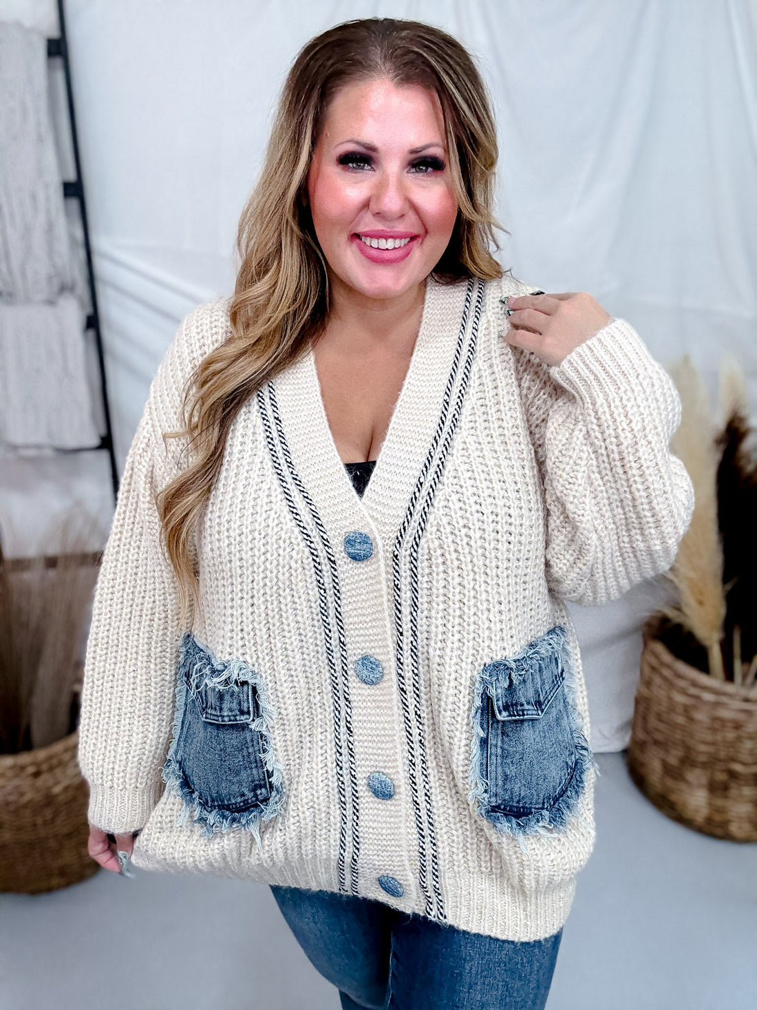 Ivory Chunky Knit Cardigan With Denim Pockets - Whiskey Skies - SEW IN LOVE