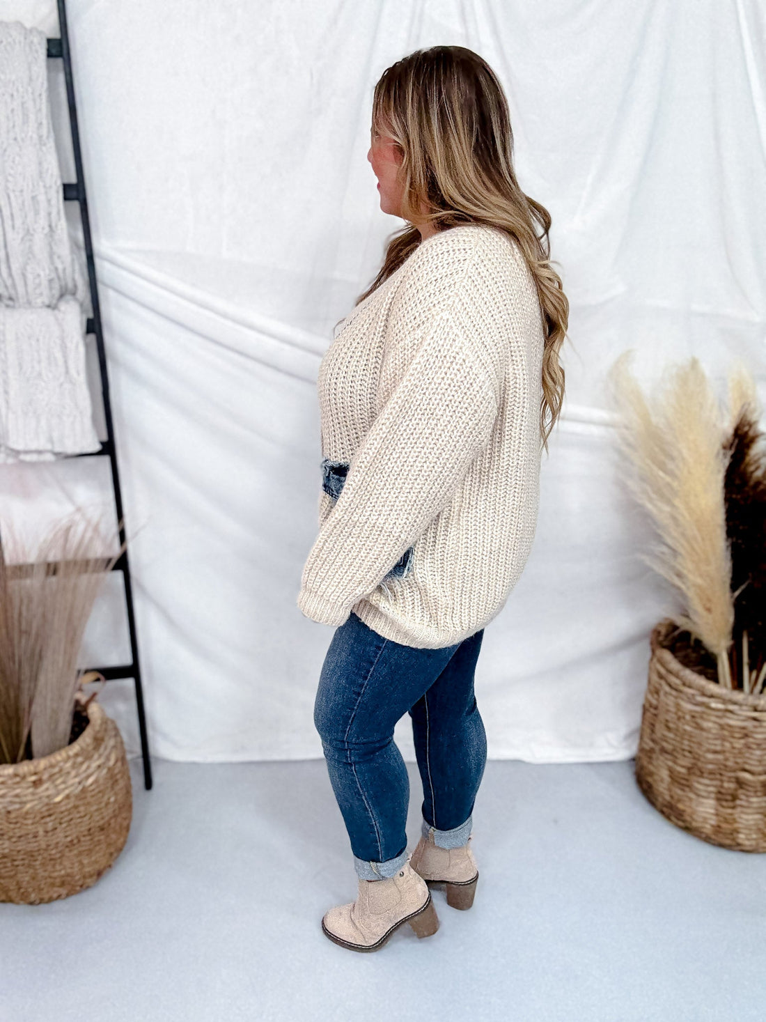 Ivory Chunky Knit Cardigan With Denim Pockets - Whiskey Skies - SEW IN LOVE