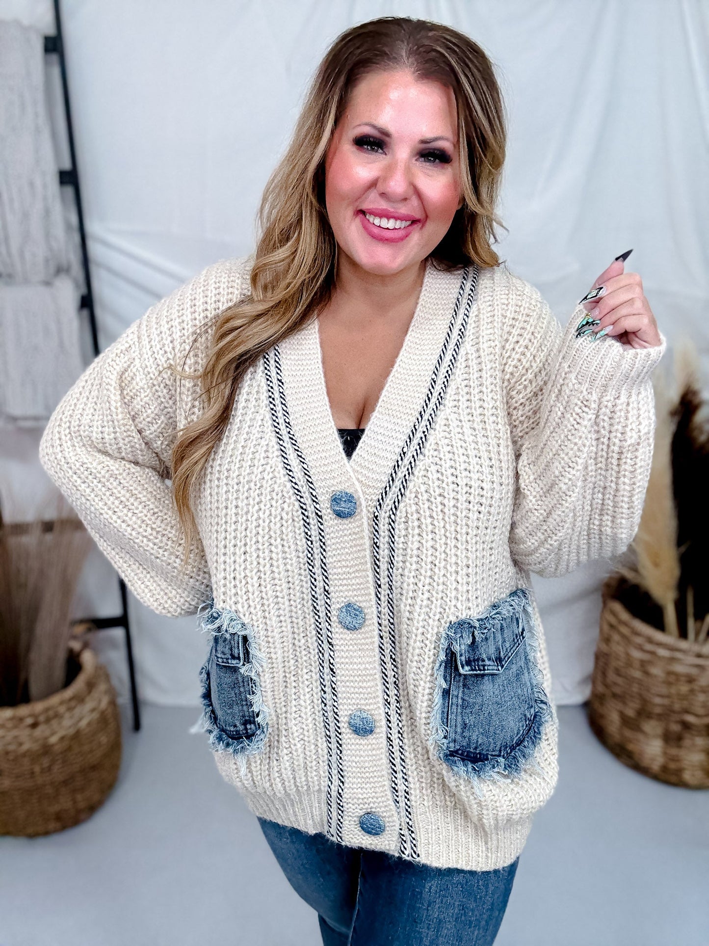 Ivory Chunky Knit Cardigan With Denim Pockets - Whiskey Skies - SEW IN LOVE
