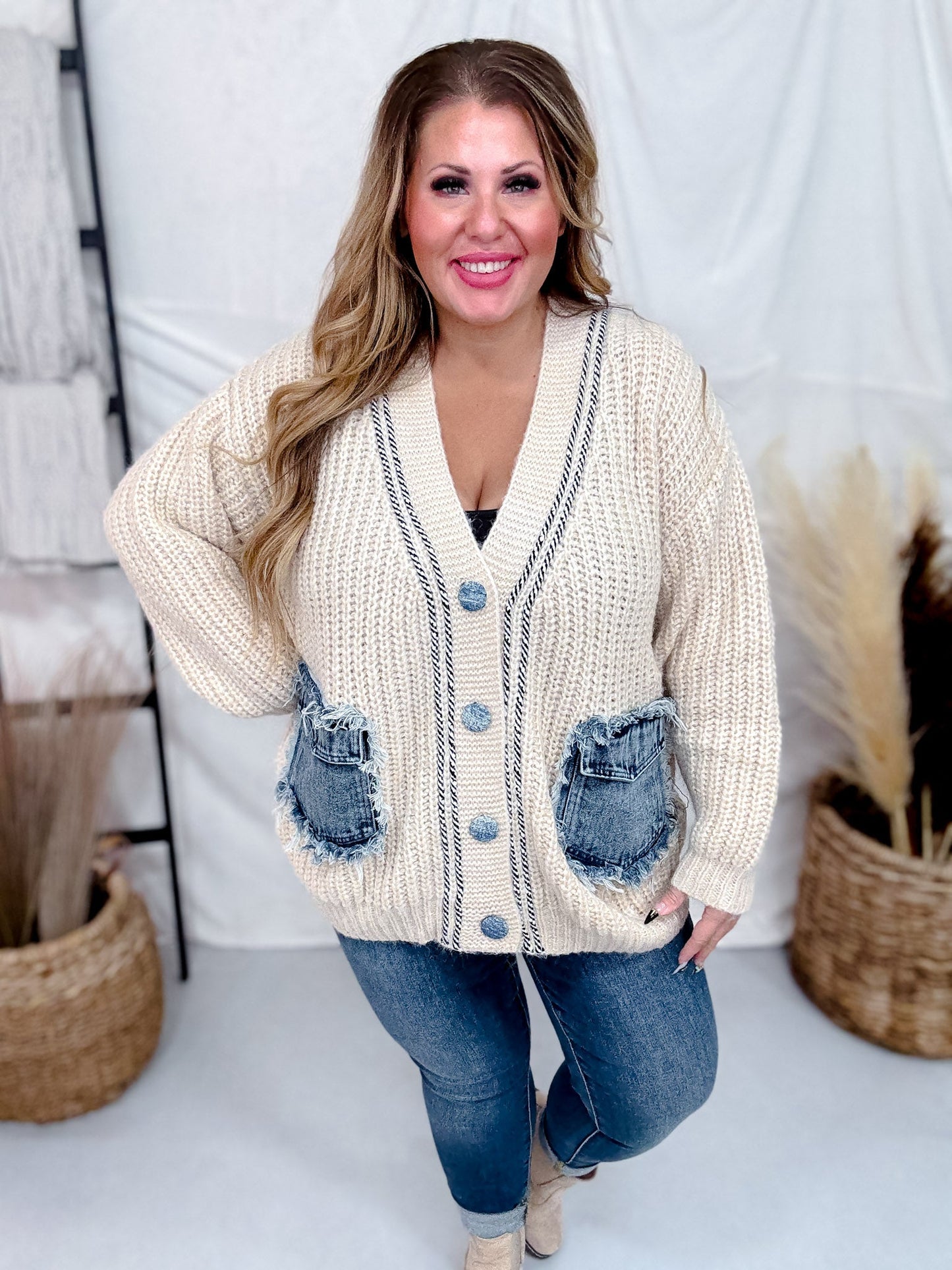 Ivory Chunky Knit Cardigan With Denim Pockets - Whiskey Skies - SEW IN LOVE