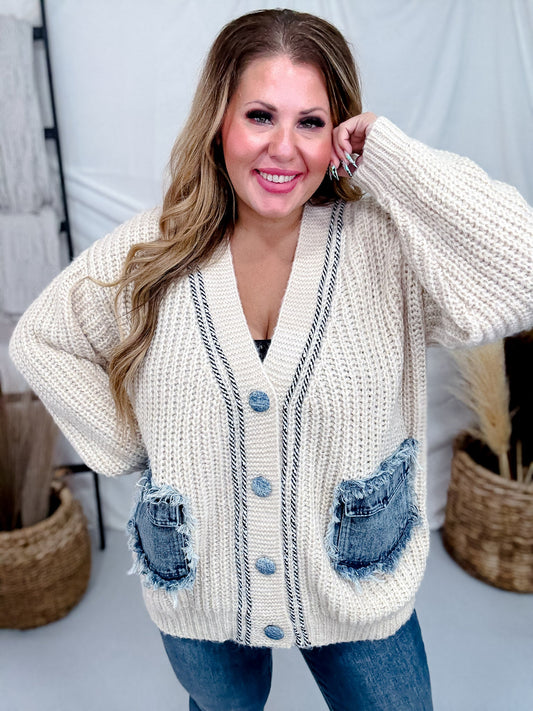Ivory Chunky Knit Cardigan With Denim Pockets - Whiskey Skies - SEW IN LOVE