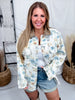 Ivory Denim Jacket With Blue Floral Print & Corduroy Collar - Whiskey Skies - BIBI