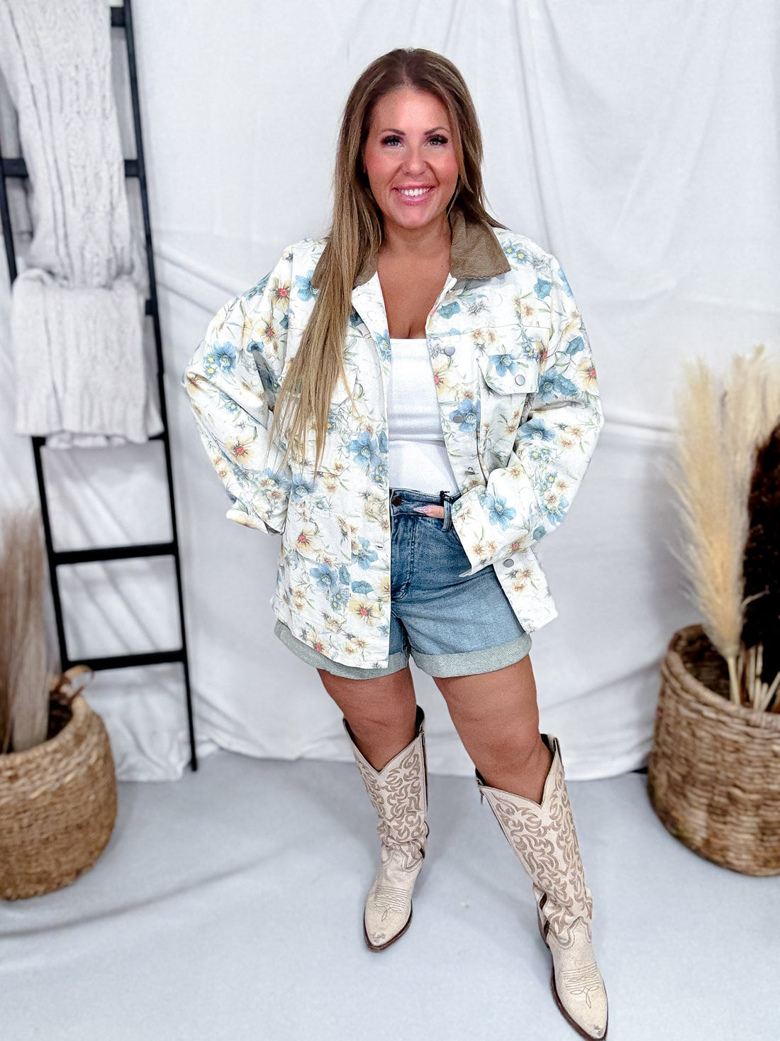 Ivory Denim Jacket With Blue Floral Print & Corduroy Collar - Whiskey Skies - BIBI