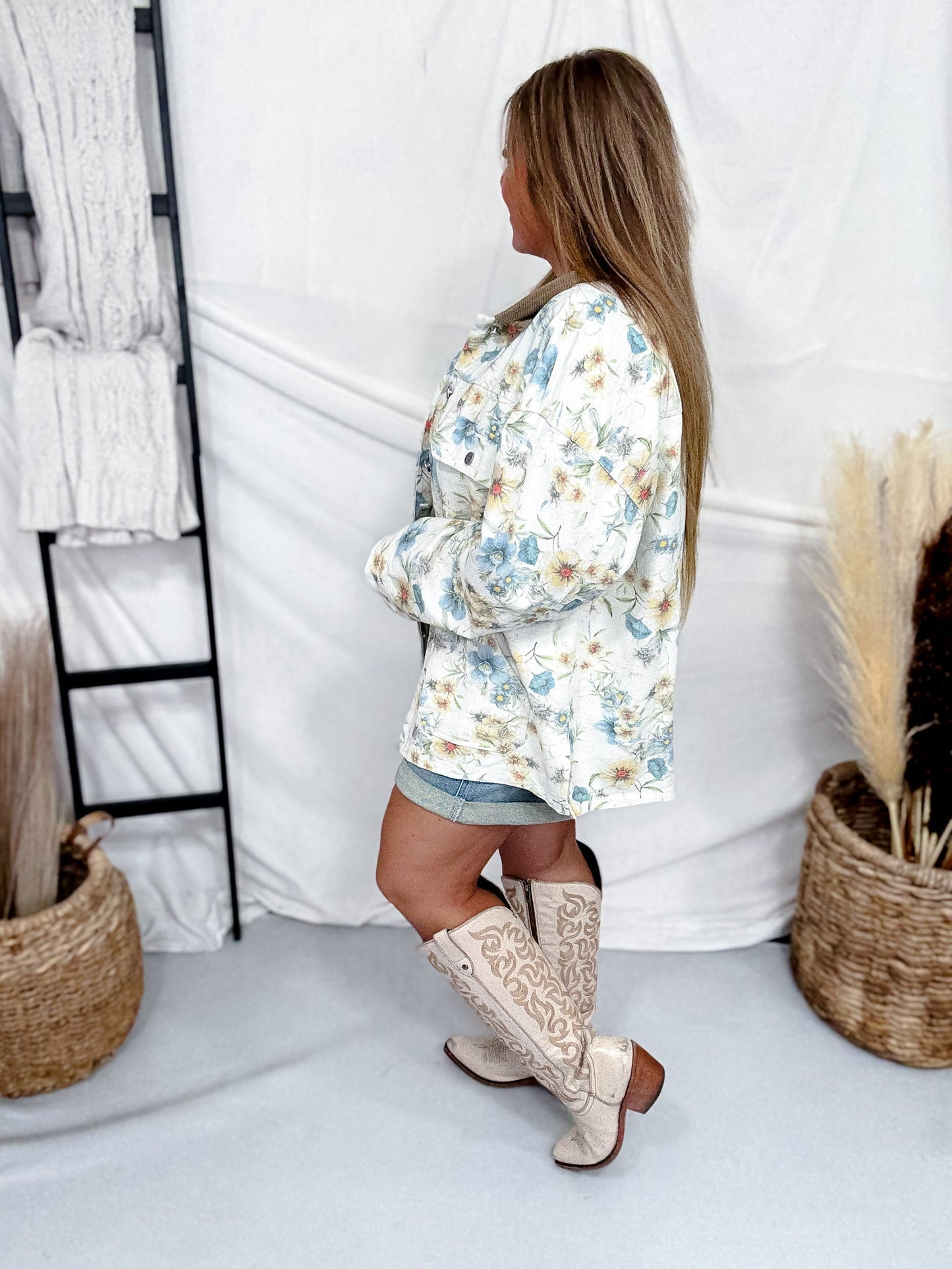 Ivory Denim Jacket With Blue Floral Print & Corduroy Collar - Whiskey Skies - BIBI
