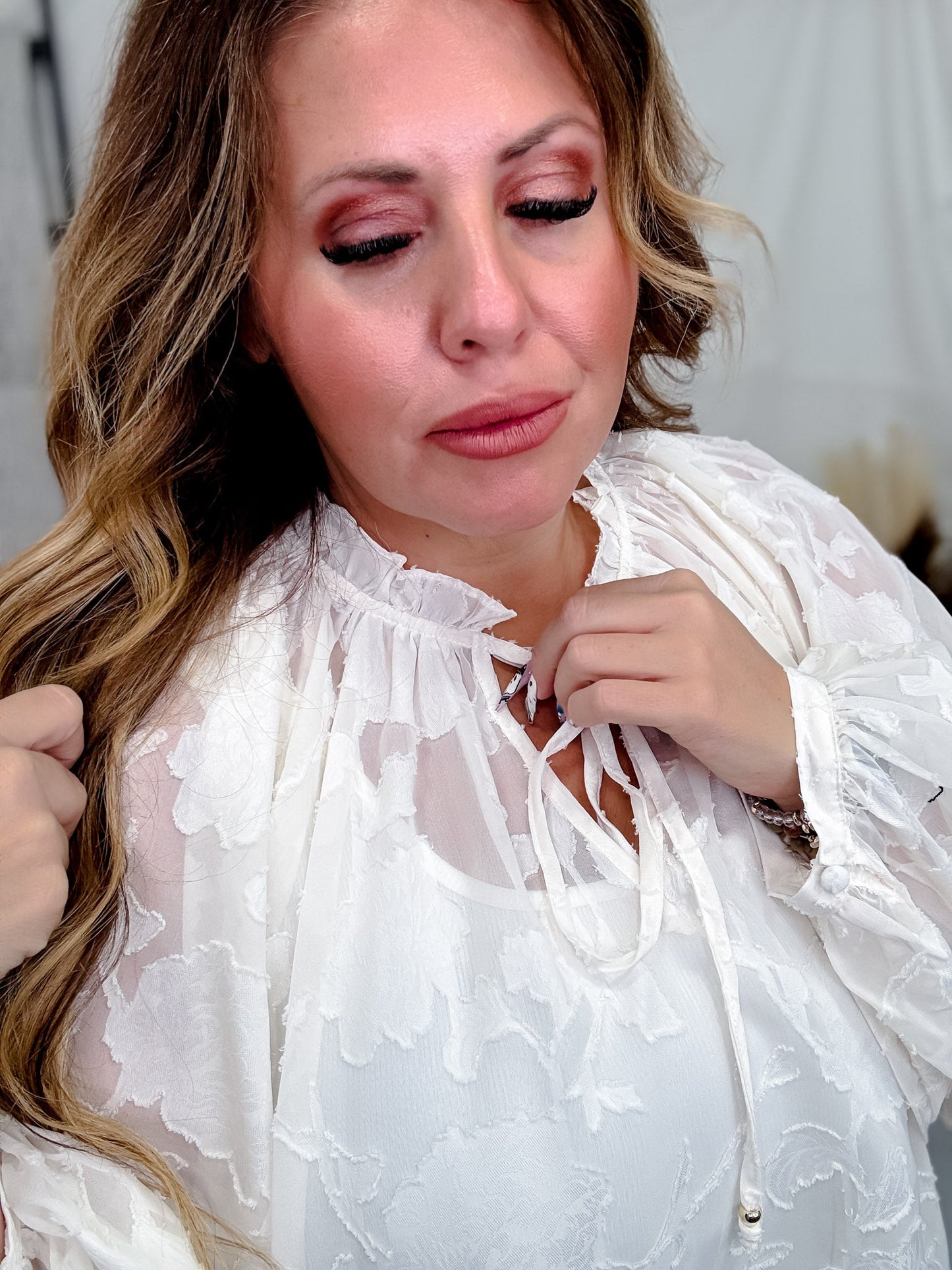 Ivory Floral Jacquard Sheer Blouse - Whiskey Skies - ODDI