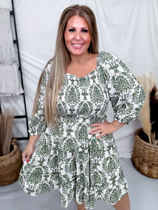 Ivory & Green Floral Print Tiered Smocked Dress - Whiskey Skies - HAYDEN