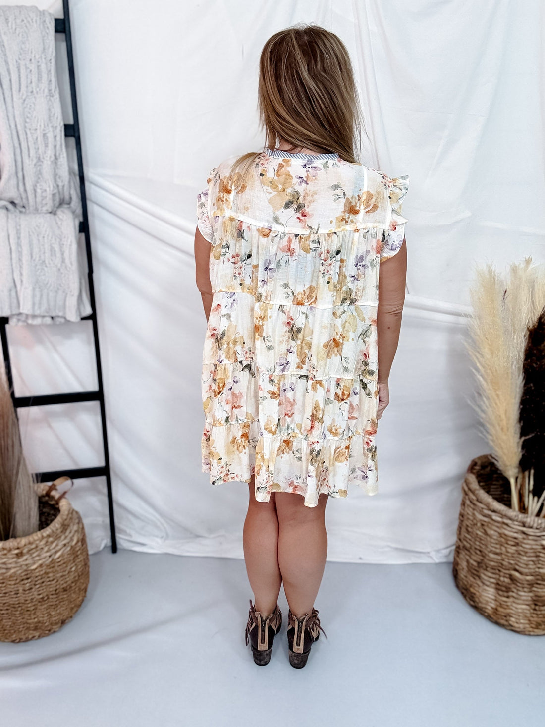 Ivory & Lavender Floral Tiered Babydoll Dress With Flutter Sleeves - Whiskey Skies - SEW IN LOVE