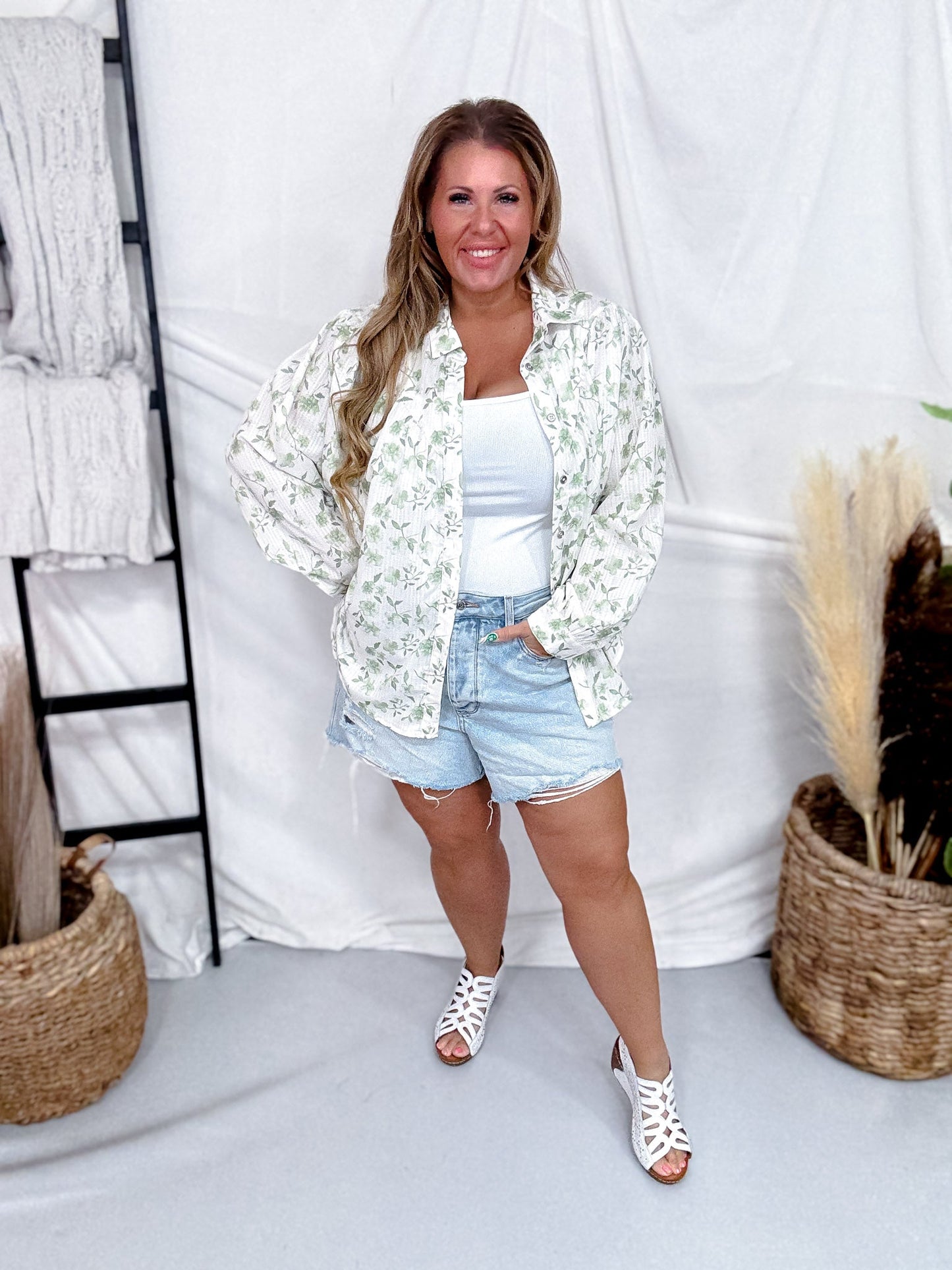 Ivory & Olive Floral Button Down Shirt - Whiskey Skies - SEW IN LOVE