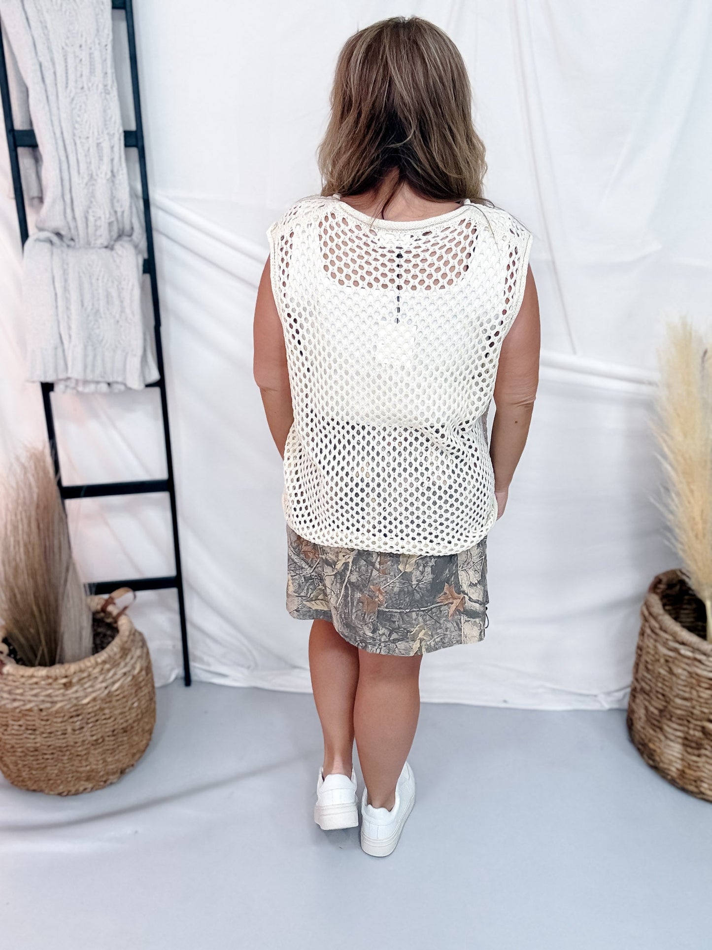 Ivory Open Fishnet Knit Sleeveless Top - Whiskey Skies - DAVI & DANI