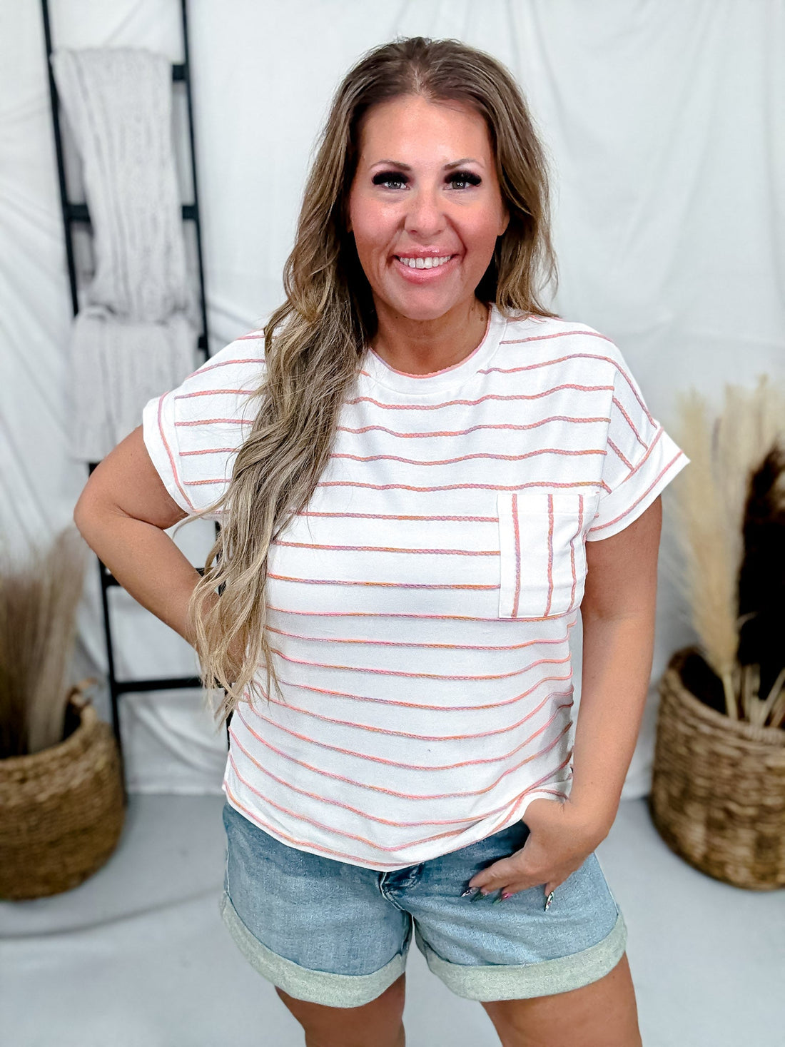 Ivory & Peach Striped Short Sleeve Top - Whiskey Skies - SEW IN LOVE