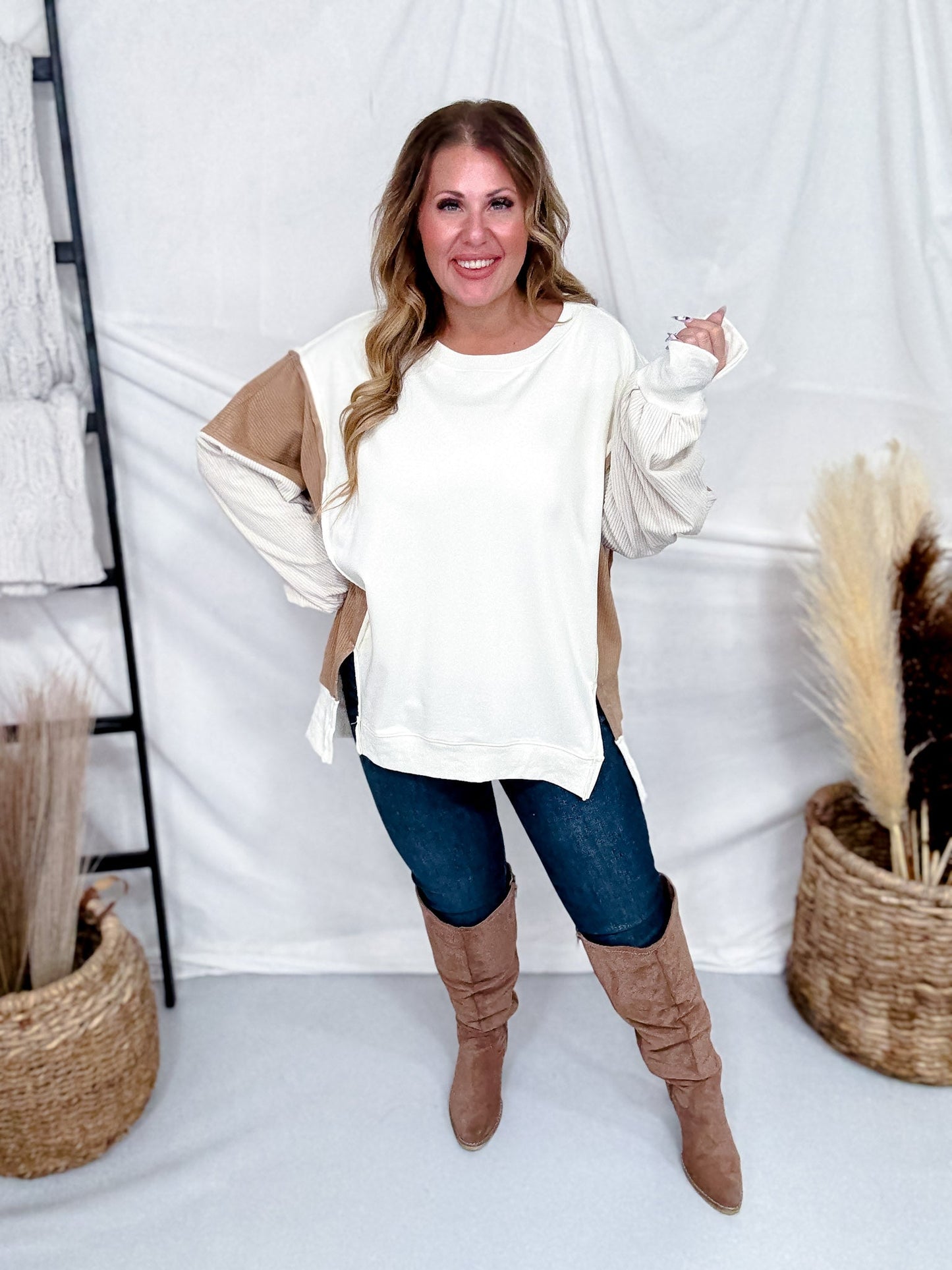 Ivory Pullover Sweater With Ribbed Color Block Sleeves - Whiskey Skies - ODDI