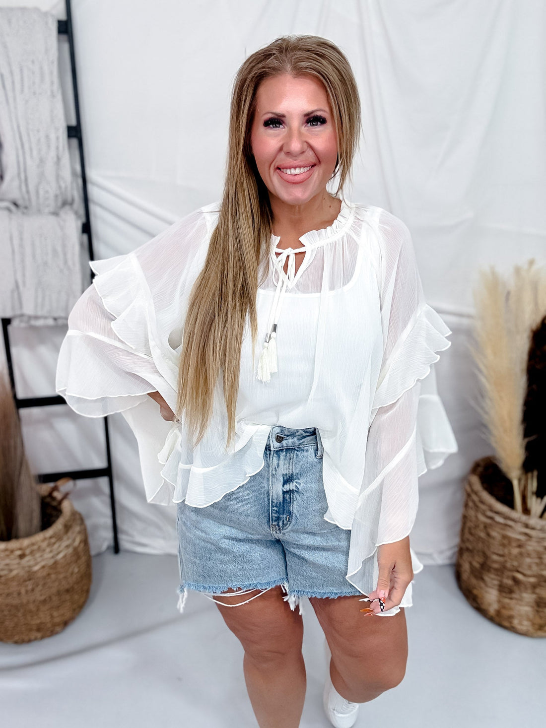 Ivory Sheer Chiffon Top With Ruffle Sleeves - Whiskey Skies - ODDI