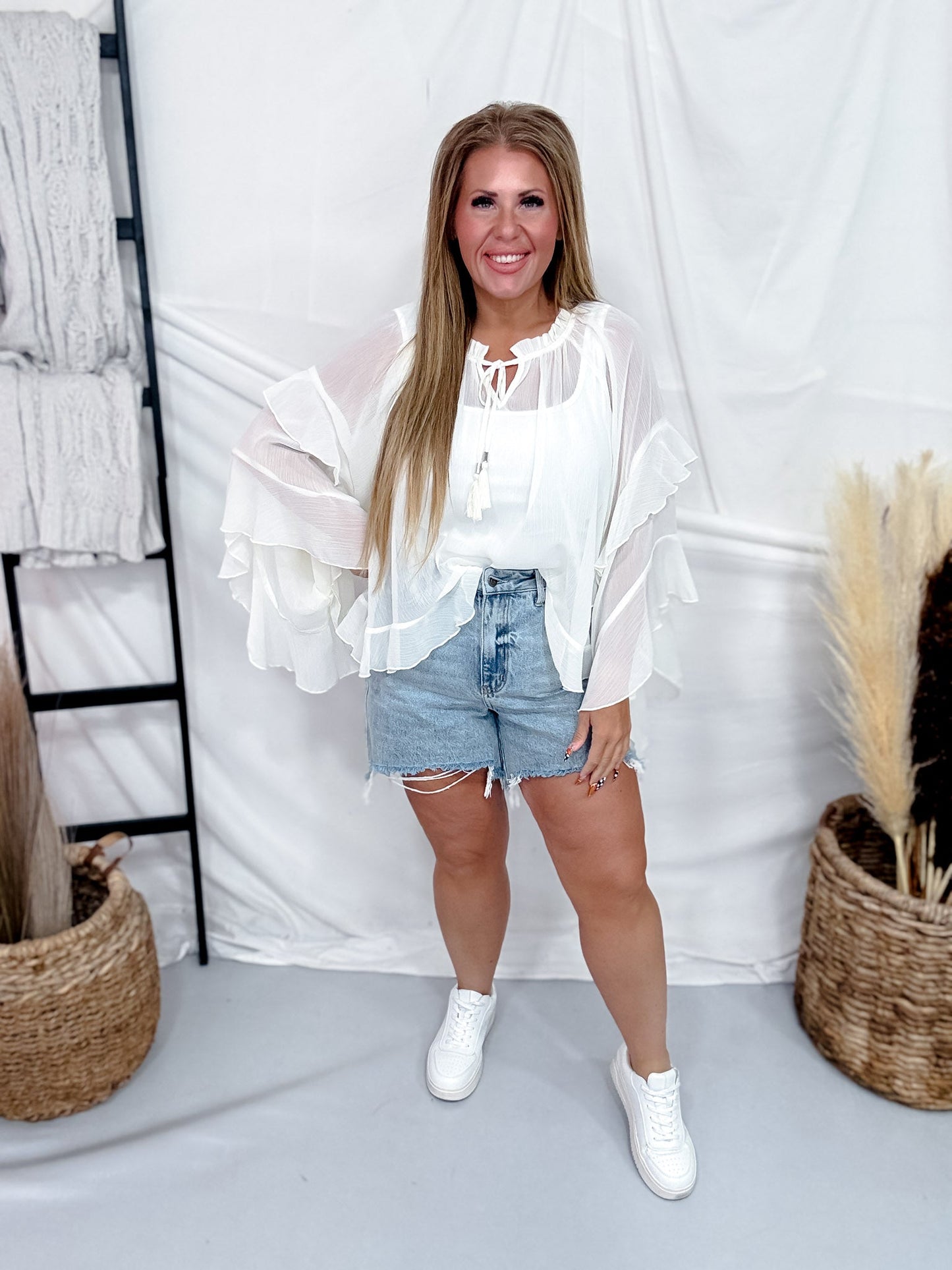 Ivory Sheer Chiffon Top With Ruffle Sleeves - Whiskey Skies - ODDI