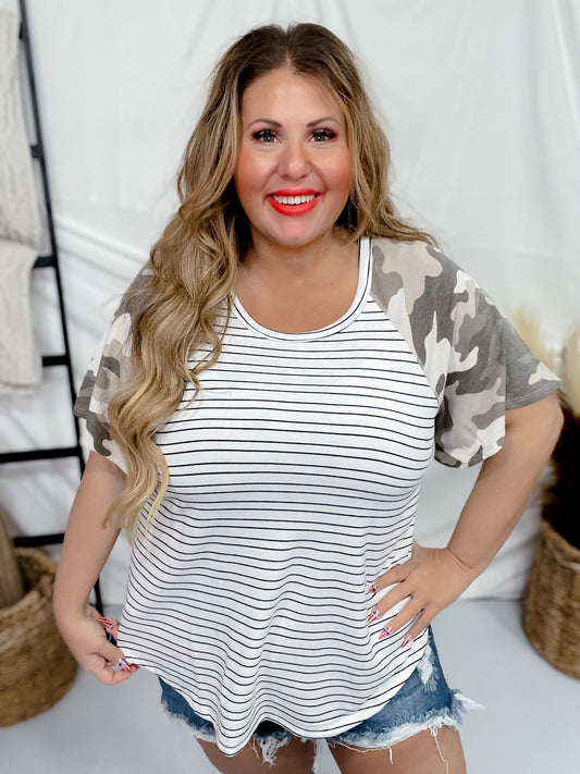 Ivory Stripes & Camo Short Sleeve Top - Whiskey Skies - ANDREE BY UNIT