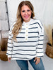 Ivory Sweater With Navy Stripes And Half Button Front - Whiskey Skies - ANDREE BY UNIT