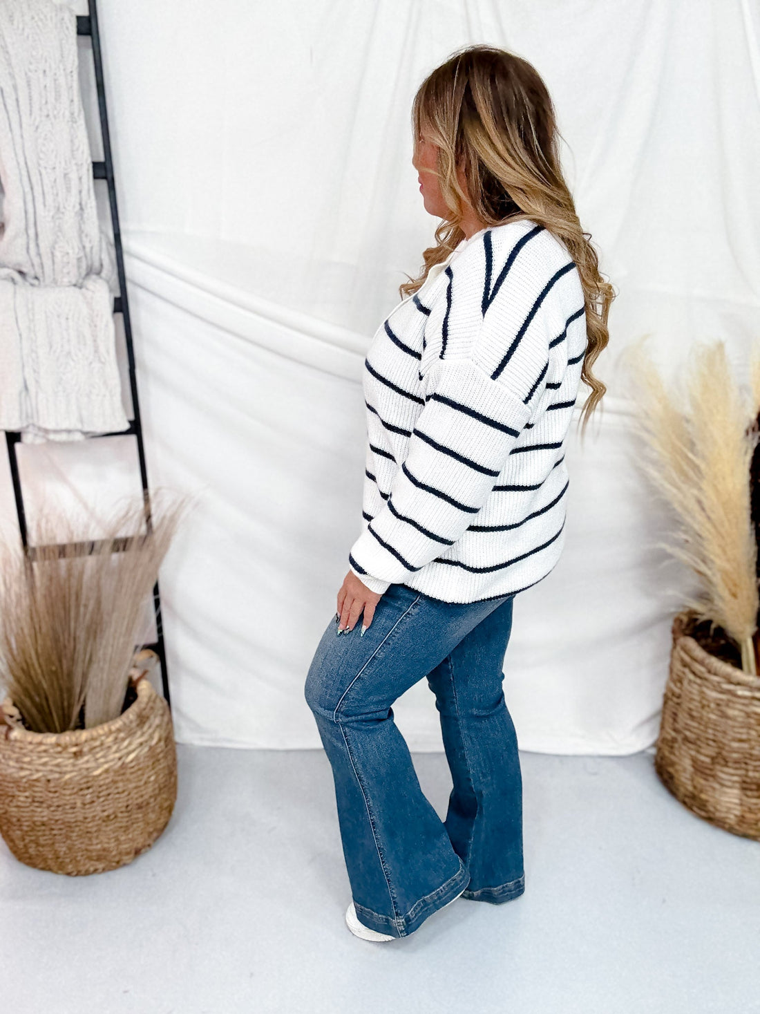 Ivory Sweater With Navy Stripes And Half Button Front - Whiskey Skies - ANDREE BY UNIT