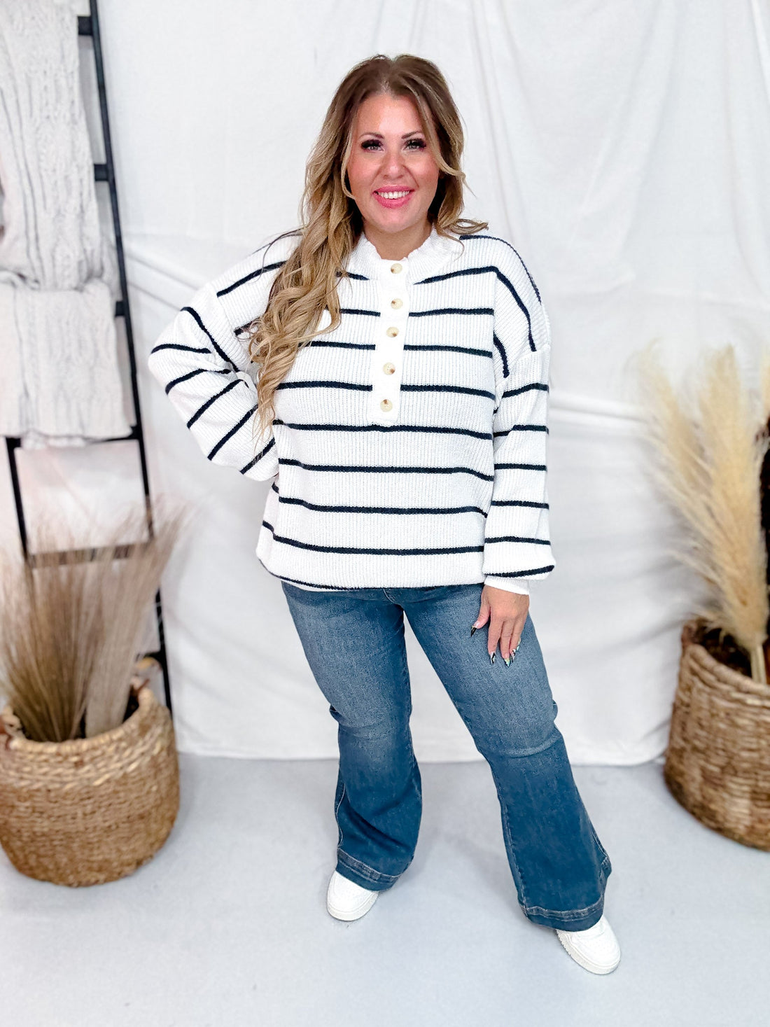 Ivory Sweater With Navy Stripes And Half Button Front - Whiskey Skies - ANDREE BY UNIT