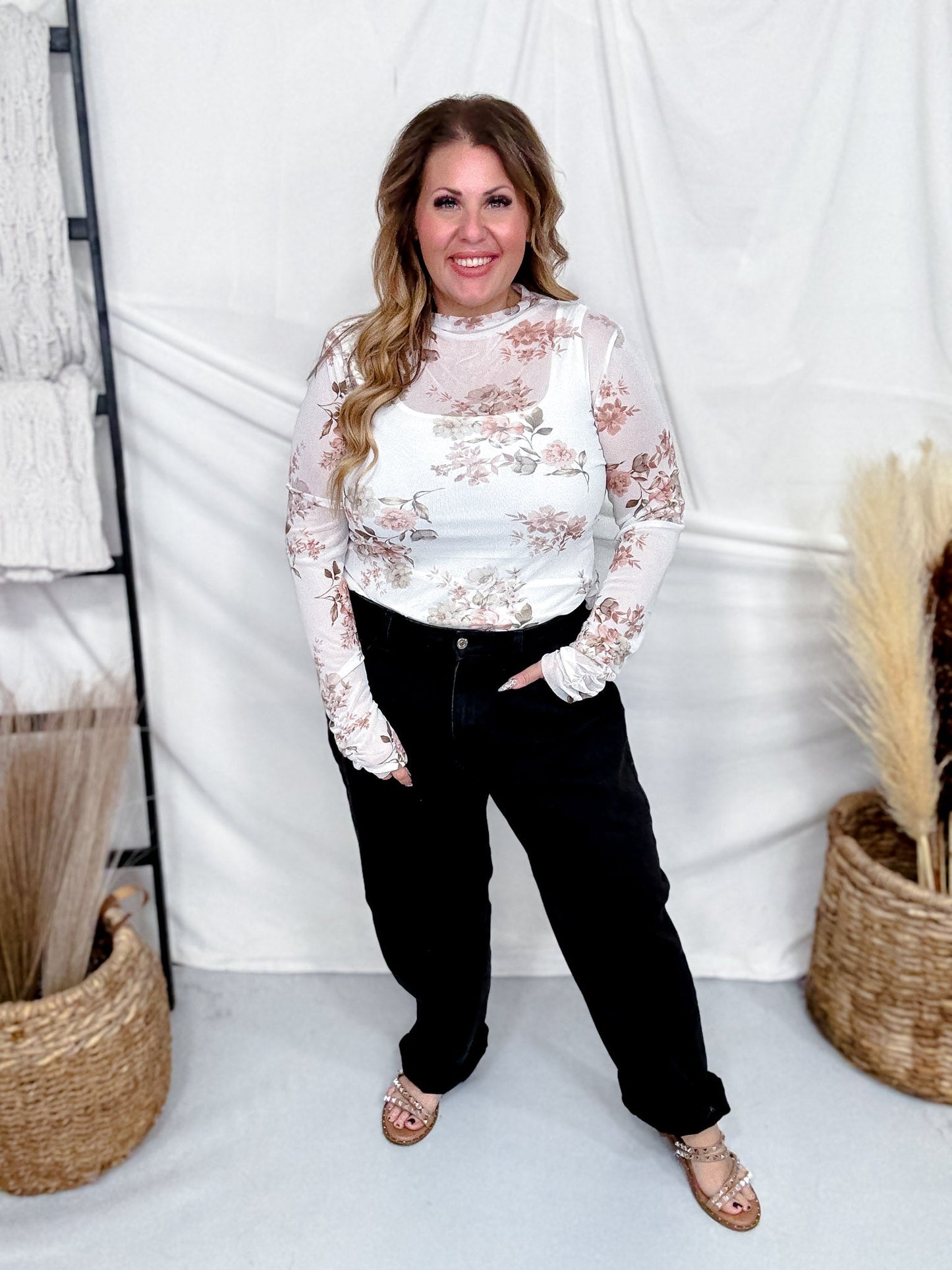 Ivory & Taupe Floral Print Long Sleeve Mesh Top - Whiskey Skies - ODDI