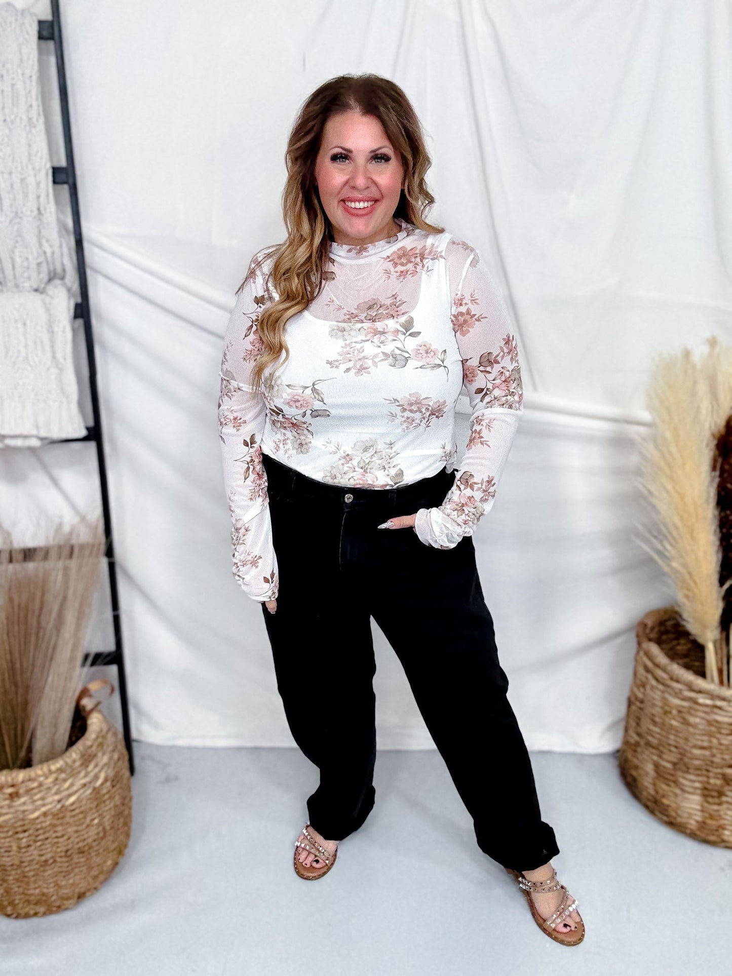 Ivory & Taupe Floral Print Long Sleeve Mesh Top - Whiskey Skies - ODDI