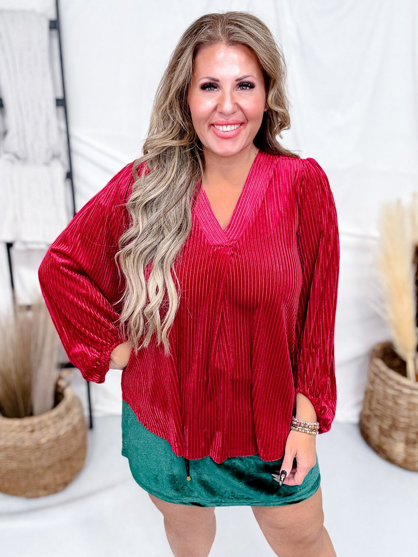 Ivy Velvet Textured Red Long Sleeve Top - Whiskey Skies - JESS LEA