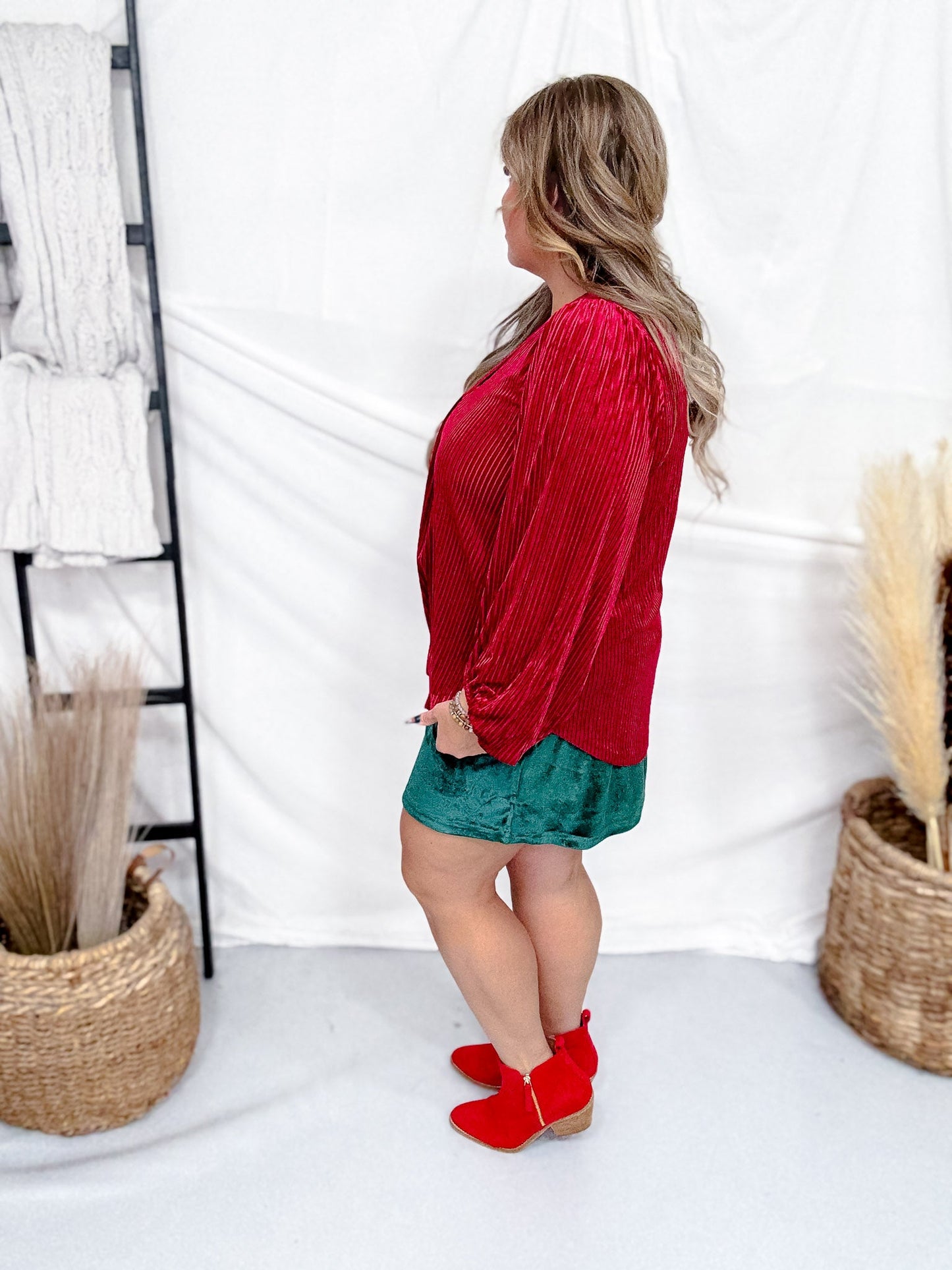 Ivy Velvet Textured Red Long Sleeve Top - Whiskey Skies - JESS LEA