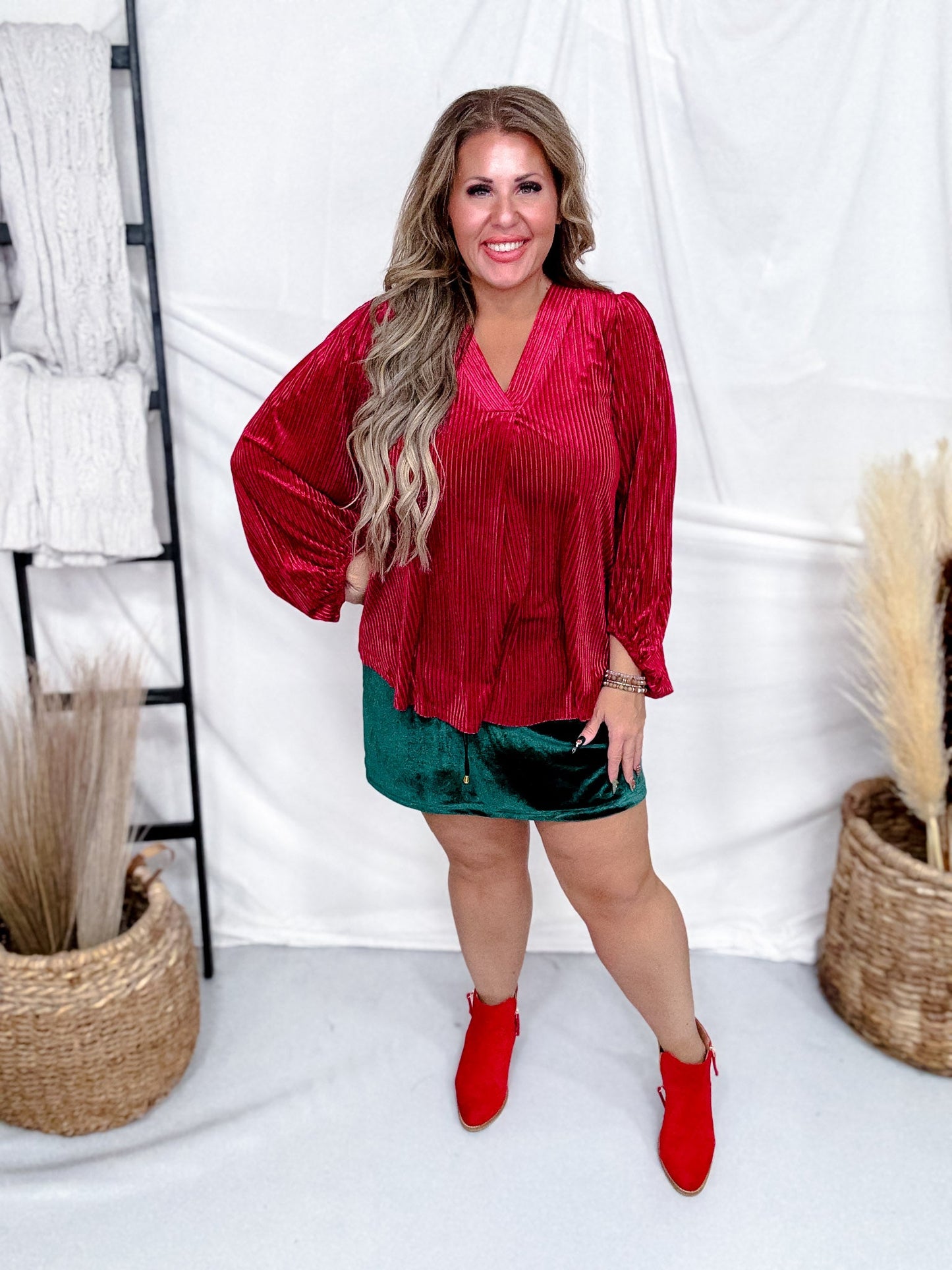 Ivy Velvet Textured Red Long Sleeve Top - Whiskey Skies - JESS LEA