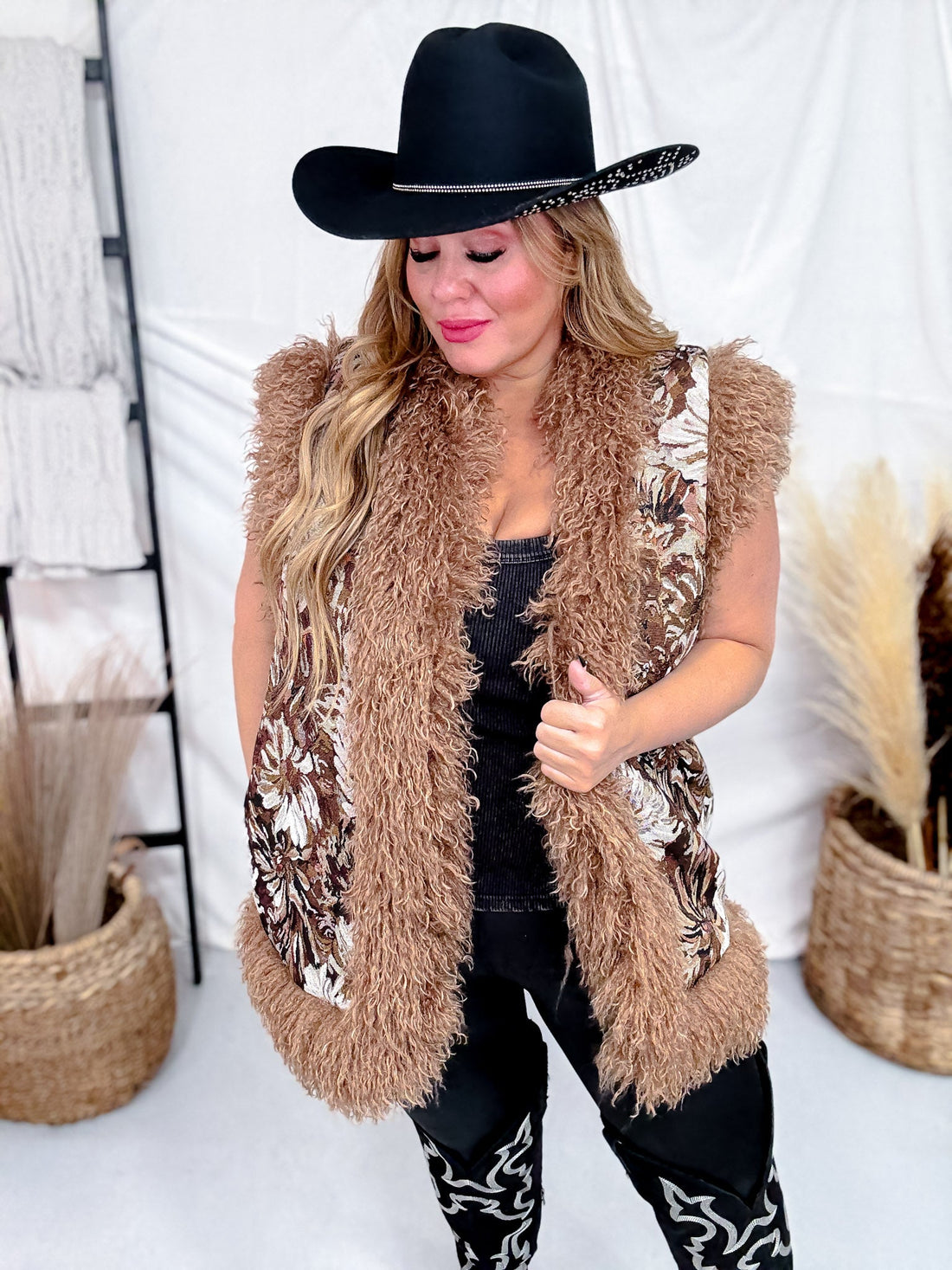 Jacquard Bodice Faux Fur Seam Detail Vest - Whiskey Skies - DAVI & DANI