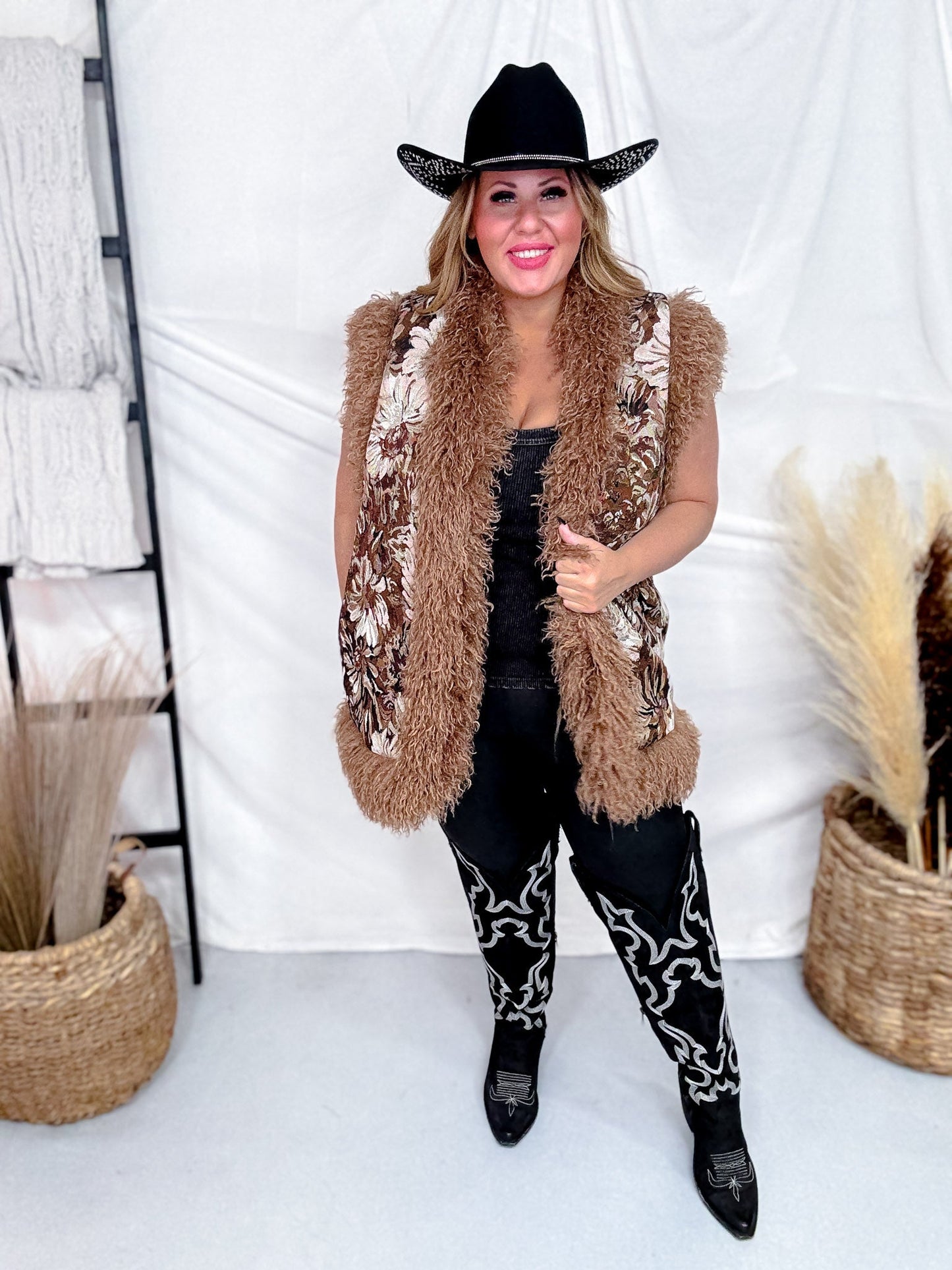 Jacquard Bodice Faux Fur Seam Detail Vest - Whiskey Skies - DAVI & DANI