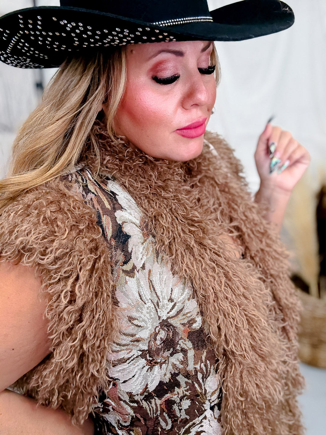 Jacquard Bodice Faux Fur Seam Detail Vest - Whiskey Skies - DAVI & DANI