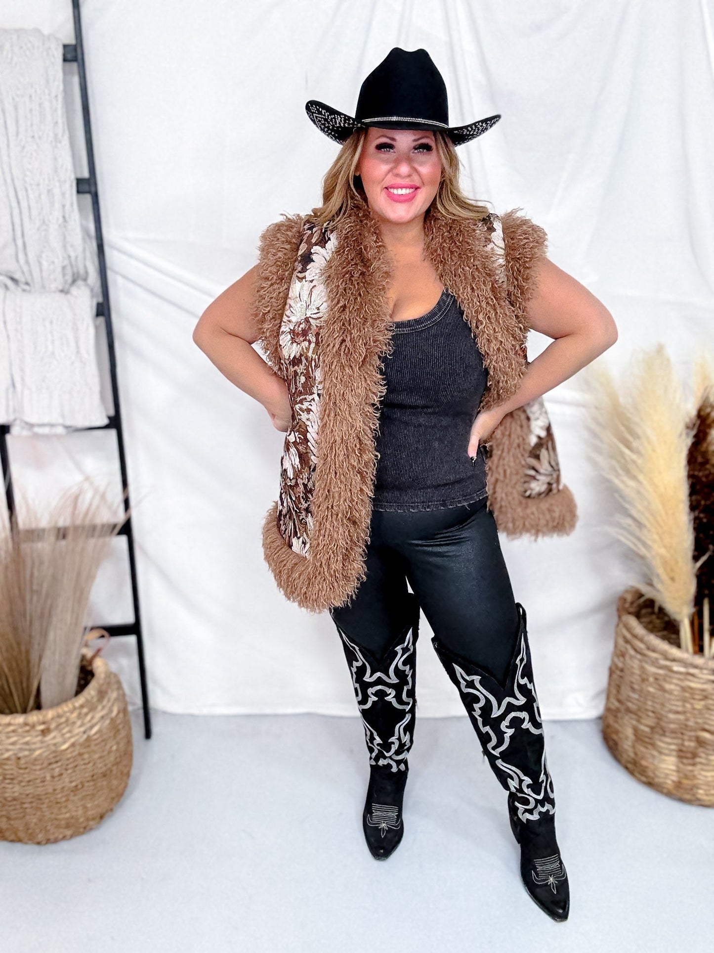 Jacquard Bodice Faux Fur Seam Detail Vest - Whiskey Skies - DAVI & DANI