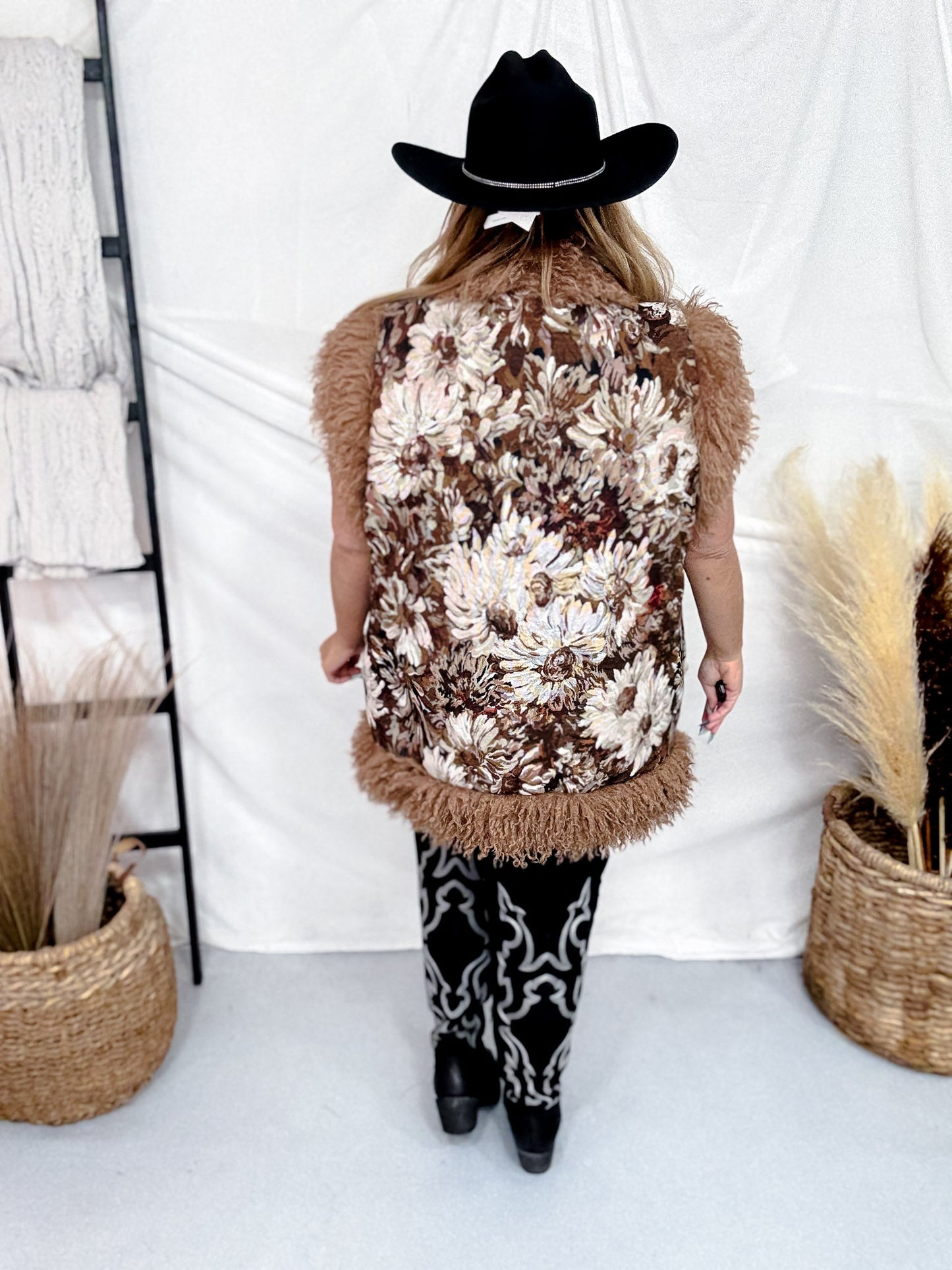 Jacquard Bodice Faux Fur Seam Detail Vest - Whiskey Skies - DAVI & DANI