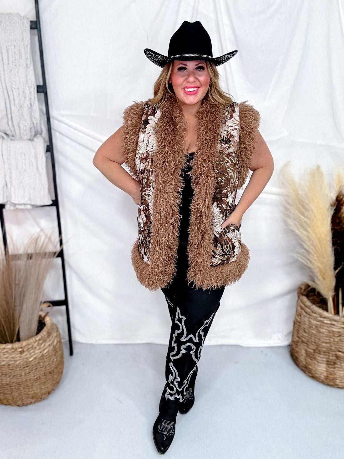 Jacquard Bodice Faux Fur Seam Detail Vest - Whiskey Skies - DAVI & DANI