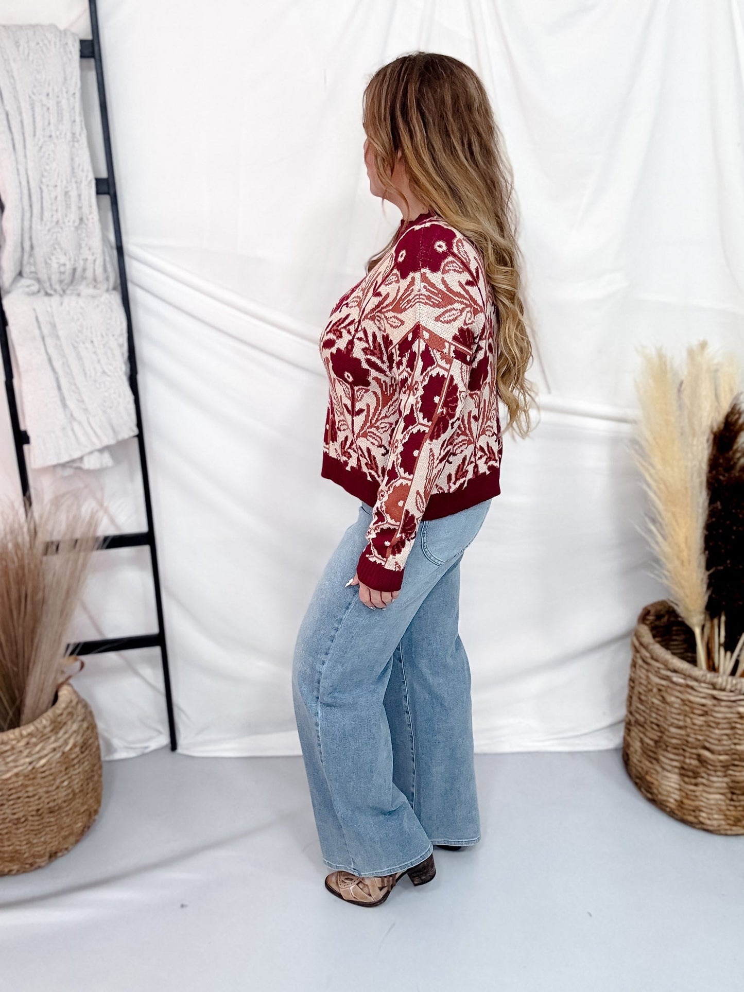 Jacquard Knit Pullover Sweater W/ Floral Tapestry Motif - Whiskey Skies - COZY CO