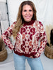 Jacquard Knit Pullover Sweater W/ Floral Tapestry Motif - Whiskey Skies - COZY CO