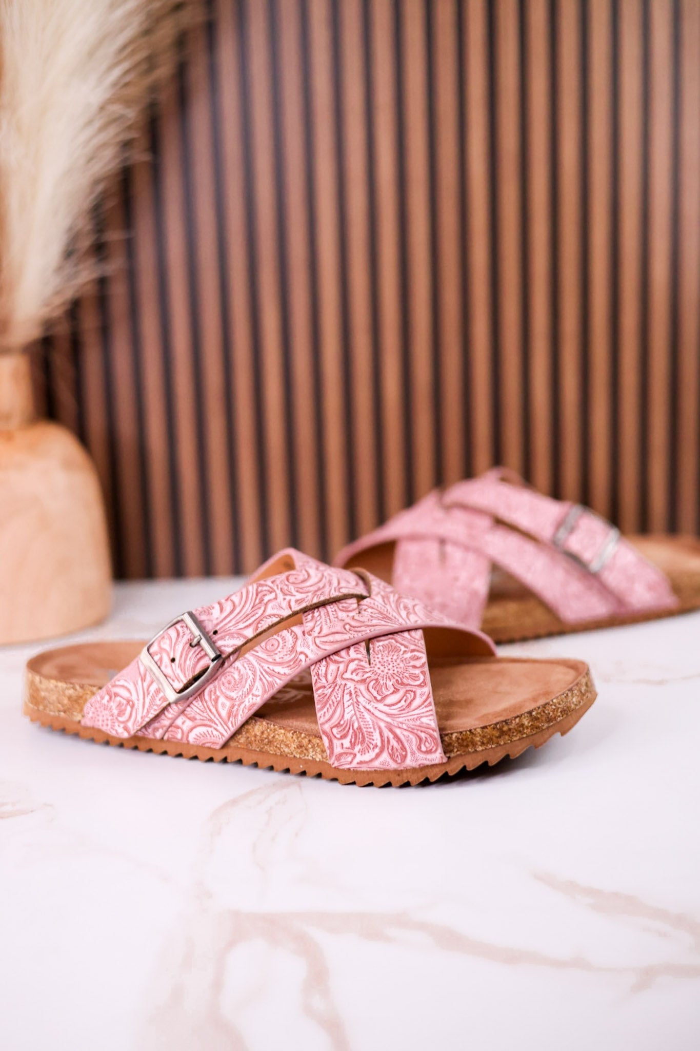 "Jada" Tooled Faux Leather Slip On Sandals In Blush - Whiskey Skies - VERY G