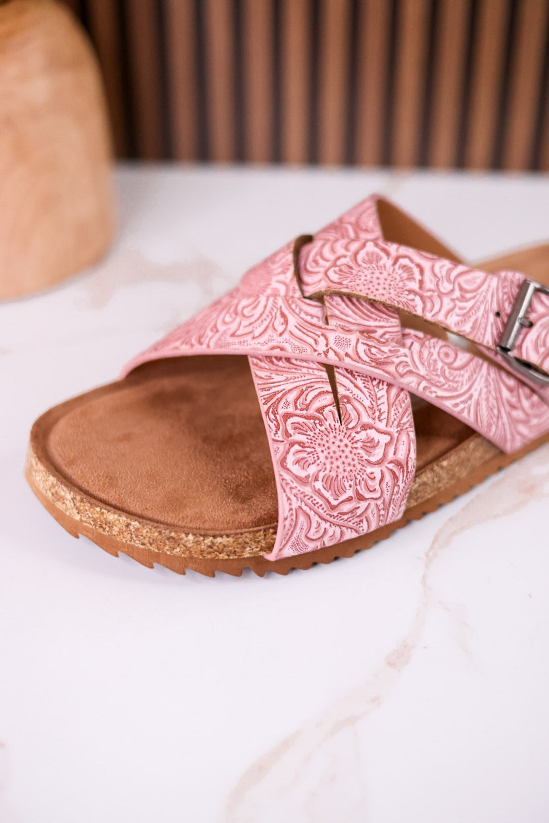 "Jada" Tooled Faux Leather Slip On Sandals In Blush - Whiskey Skies - VERY G