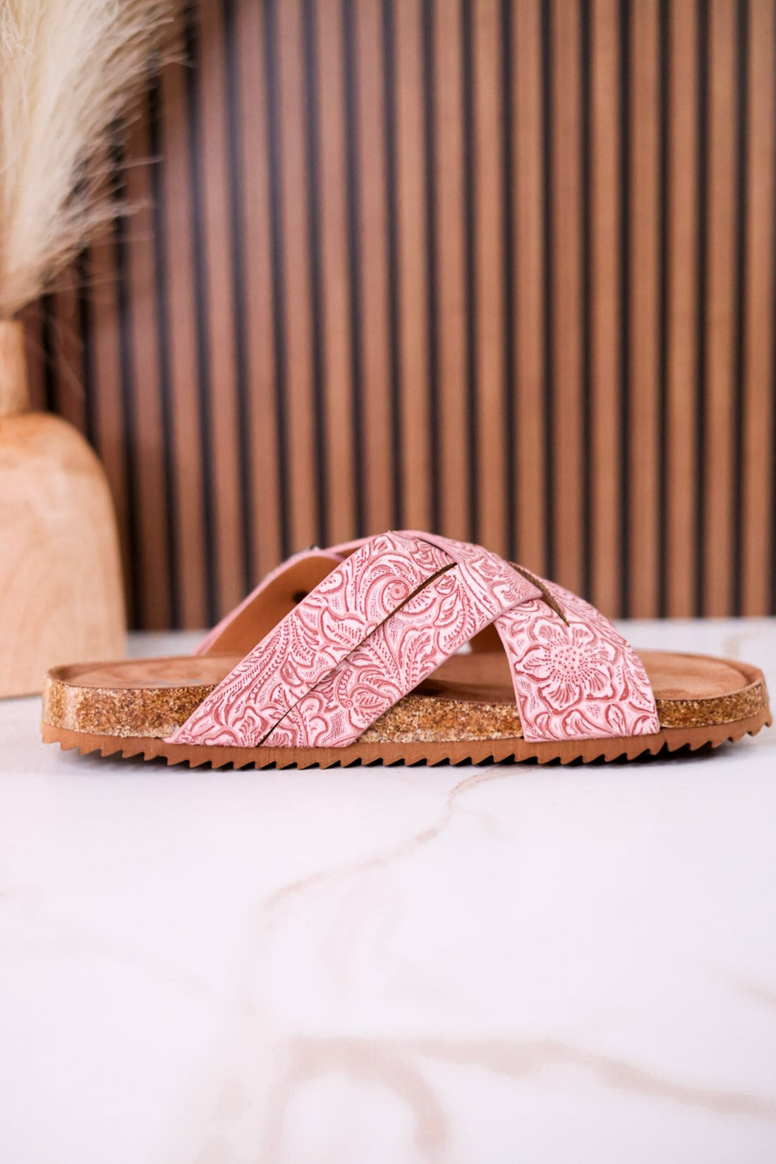 "Jada" Tooled Faux Leather Slip On Sandals In Blush - Whiskey Skies - VERY G