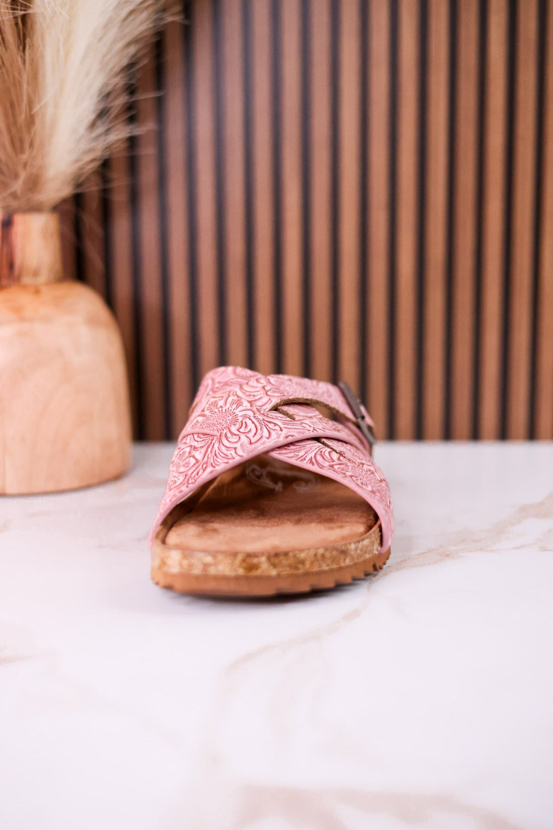 "Jada" Tooled Faux Leather Slip On Sandals In Blush - Whiskey Skies - VERY G