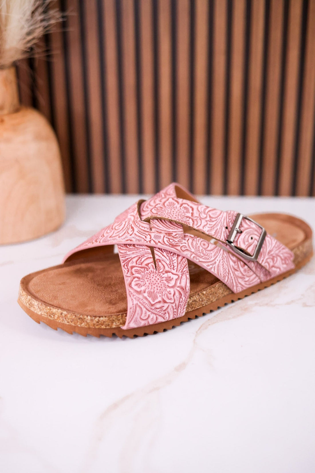 "Jada" Tooled Faux Leather Slip On Sandals In Blush - Whiskey Skies - VERY G