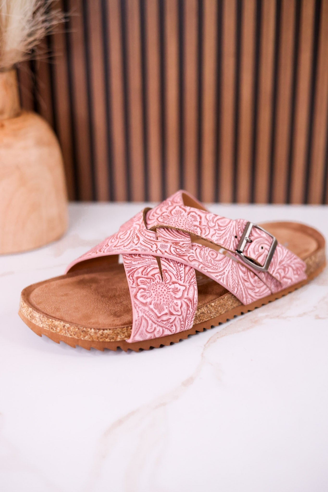 "Jada" Tooled Faux Leather Slip On Sandals In Blush - Whiskey Skies - VERY G